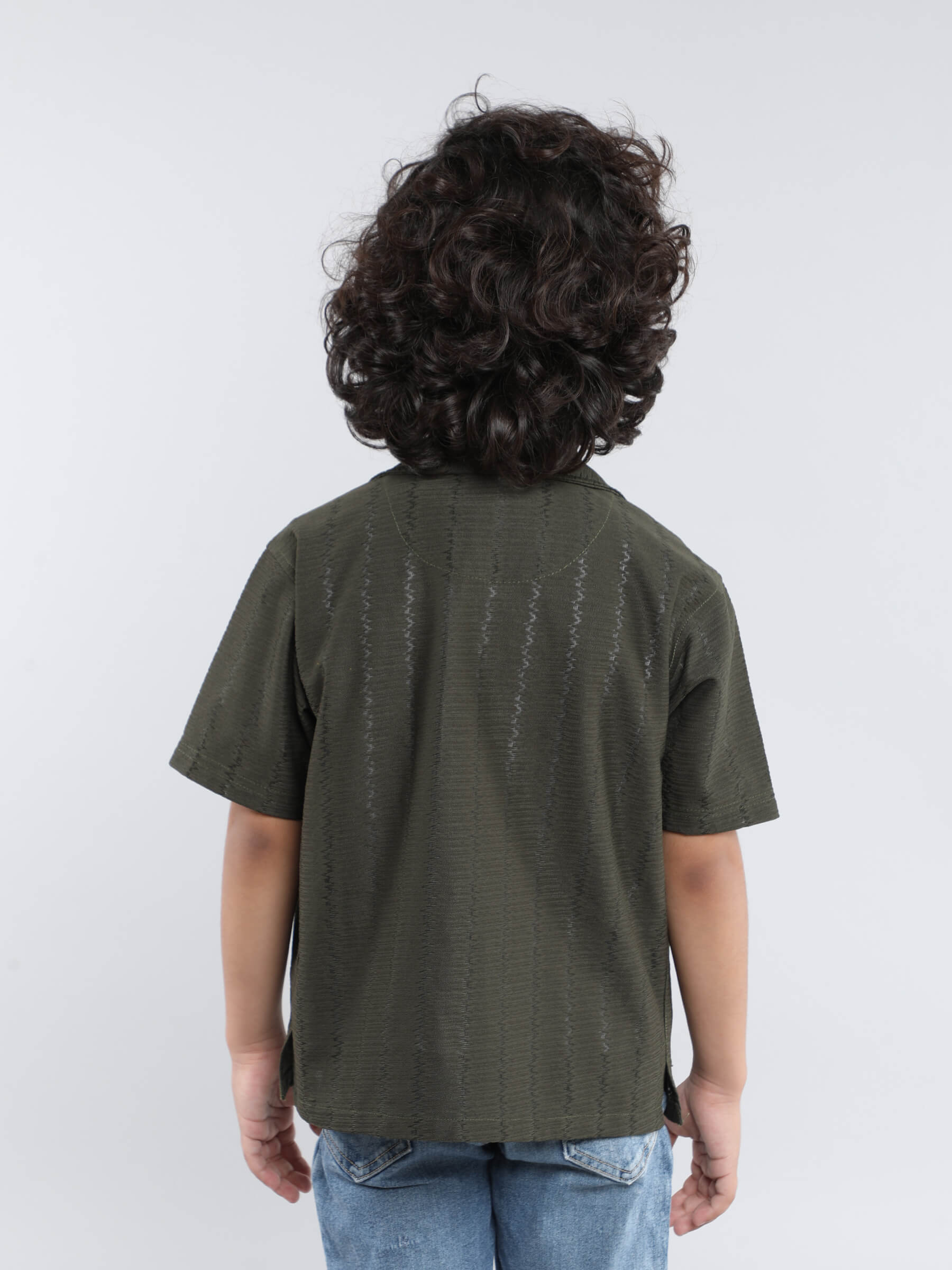 Zigzag stripe textured half sleeves shirt with solid T-shirt-Green/White