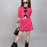 quilted bow detail full sleeves crop top and matching skirt set-Hot pink