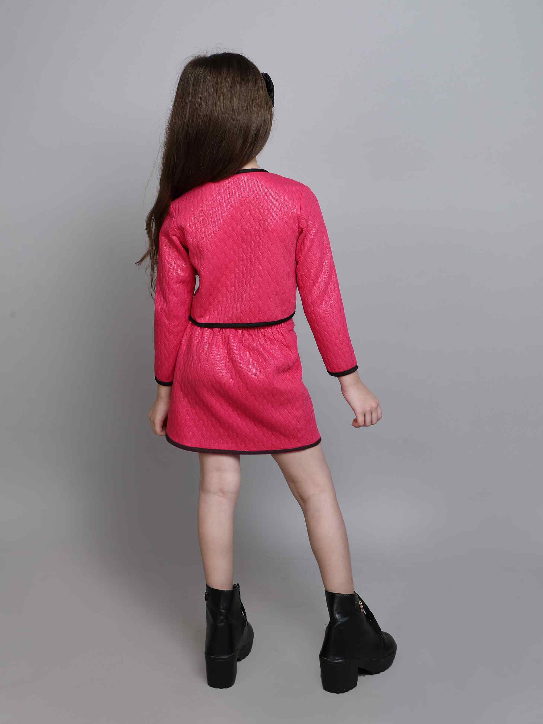 quilted bow detail full sleeves crop top and matching skirt set-Hot pink