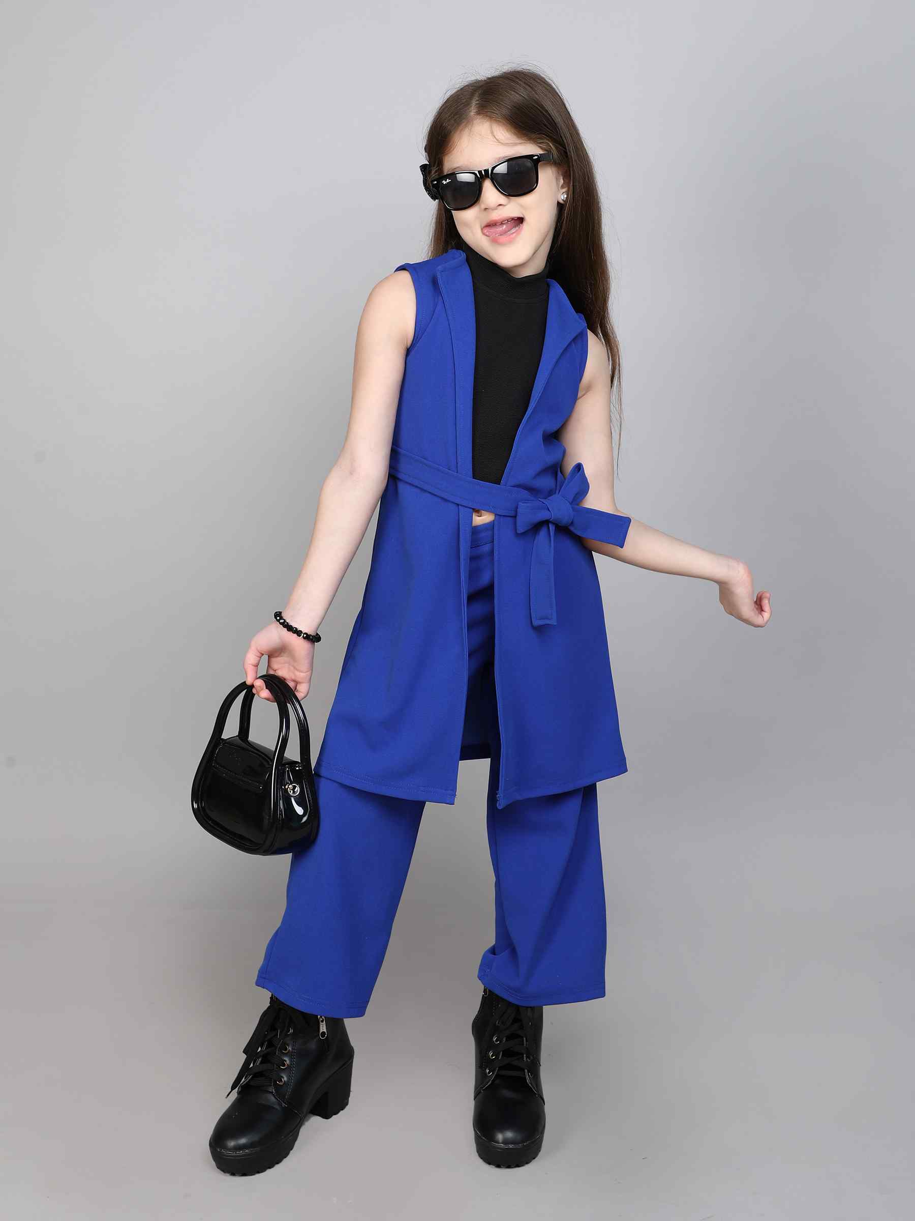 solid sleeveless belt detail long jacket with matching pant and high neck crop top set-Royal blue/Black