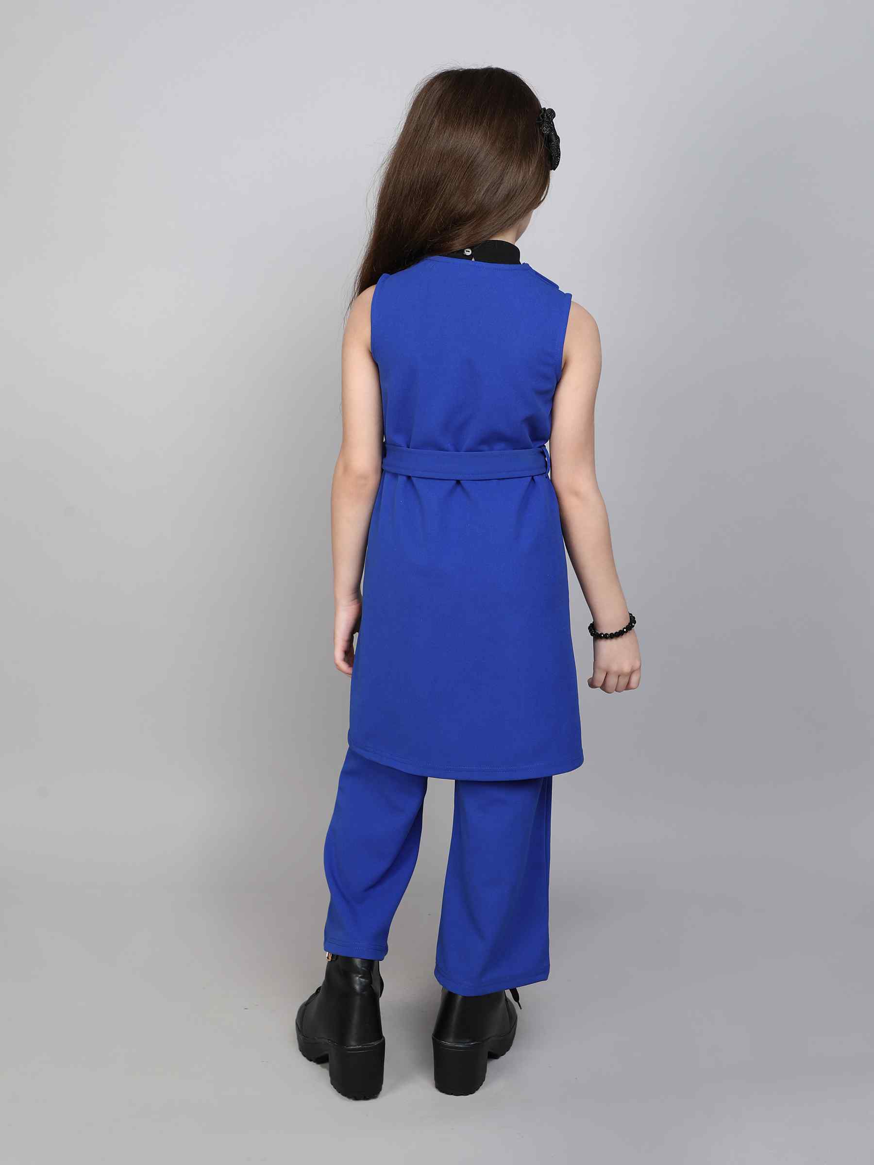 solid sleeveless belt detail long jacket with matching pant and high neck crop top set-Royal blue/Black