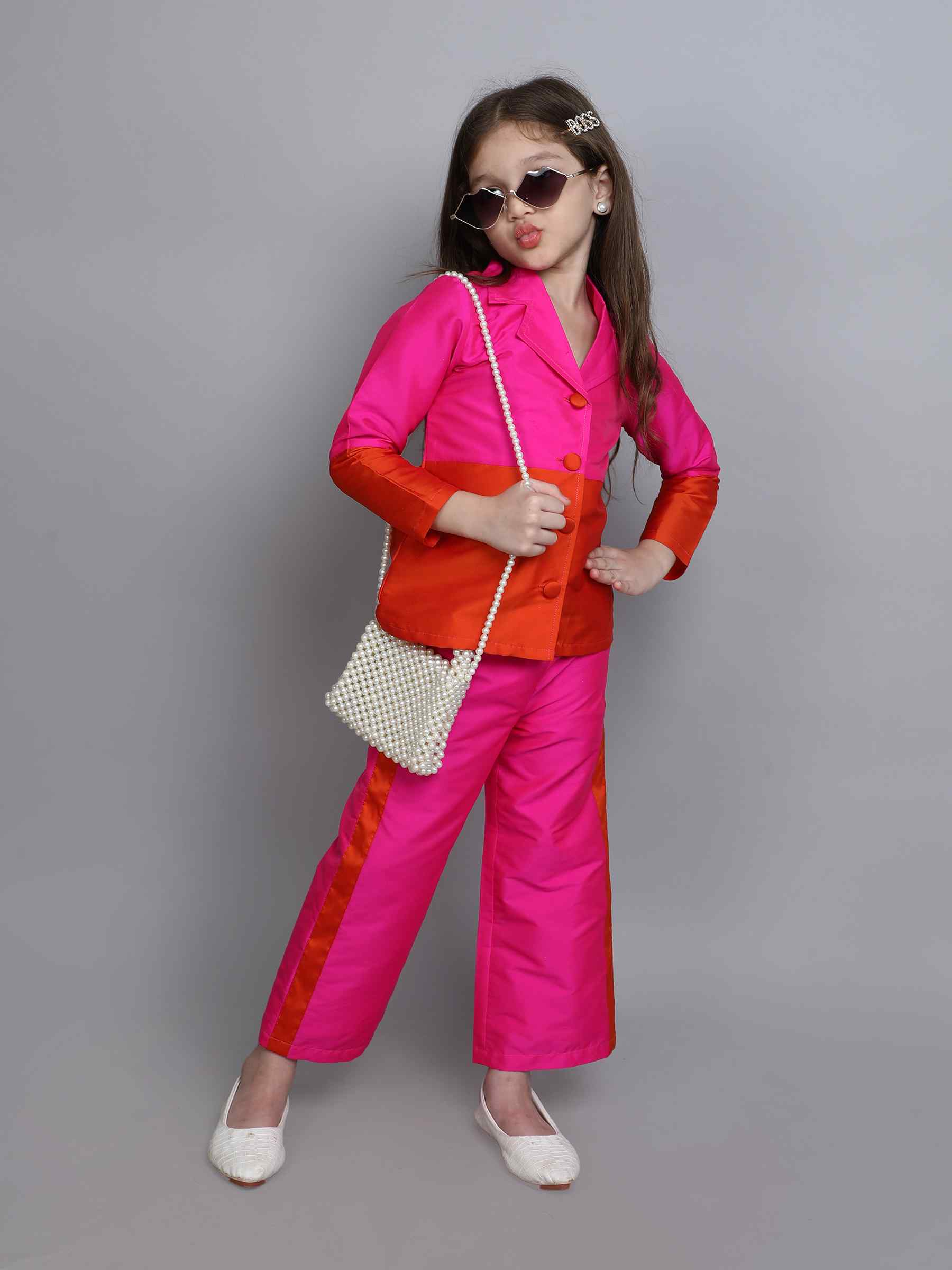 color block full sleeves ethnic blazer pant set-Pink/Orange