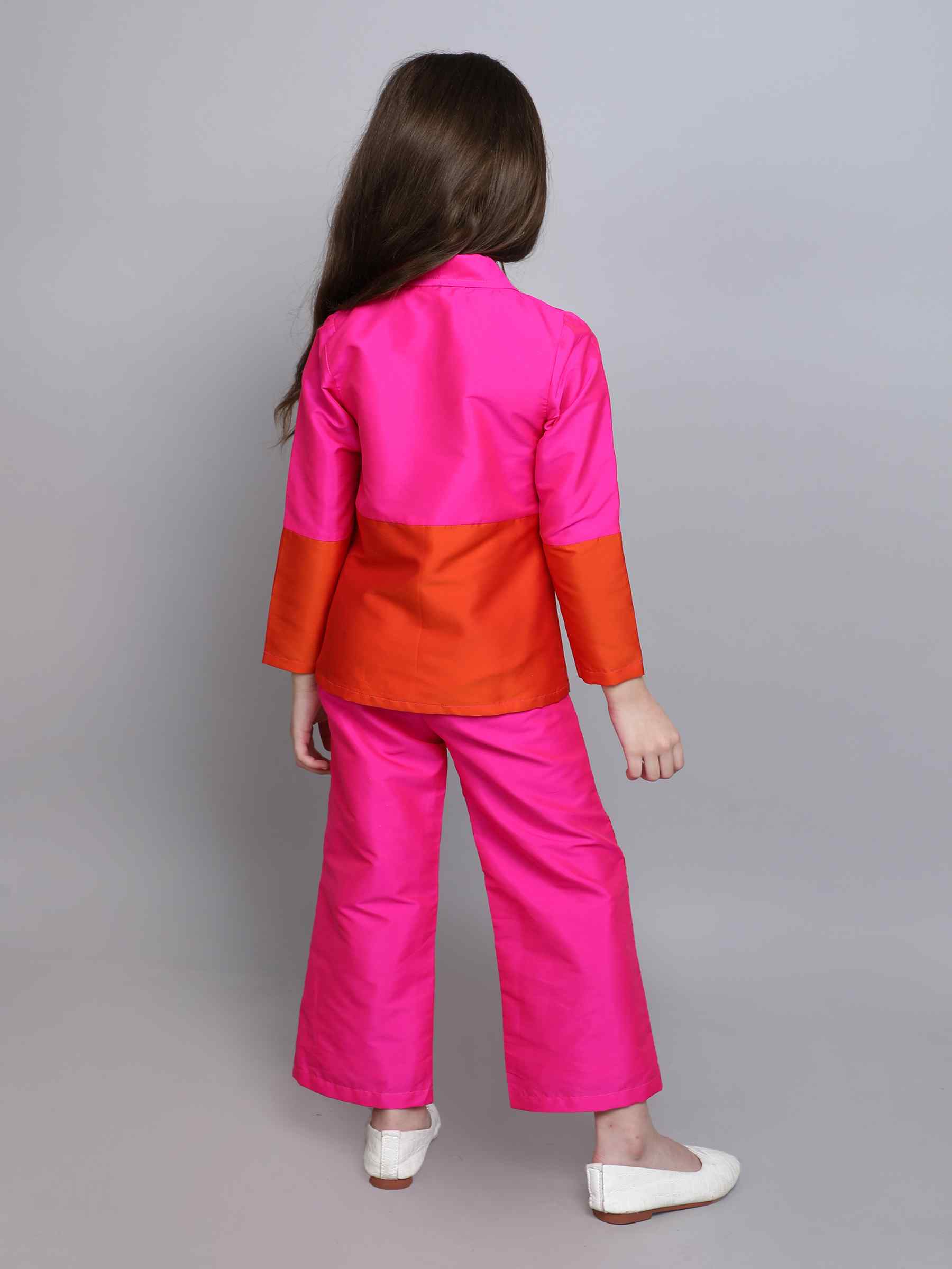 color block full sleeves ethnic blazer pant set-Pink/Orange