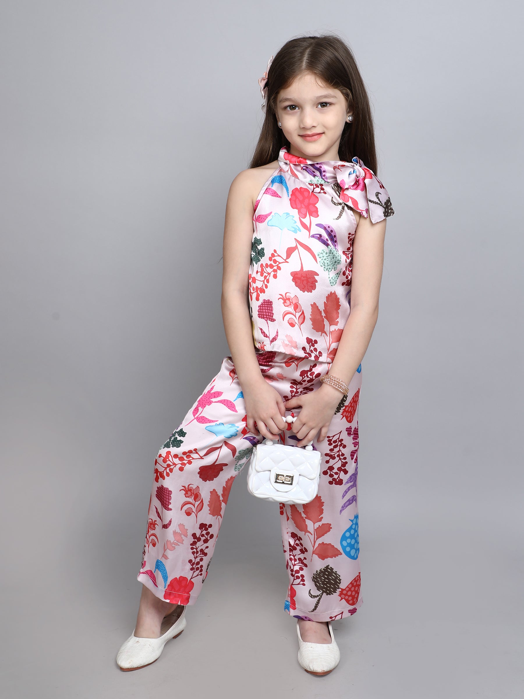 fruits printed sleeveless Scarf neck Aline top and matching pant set-Multi