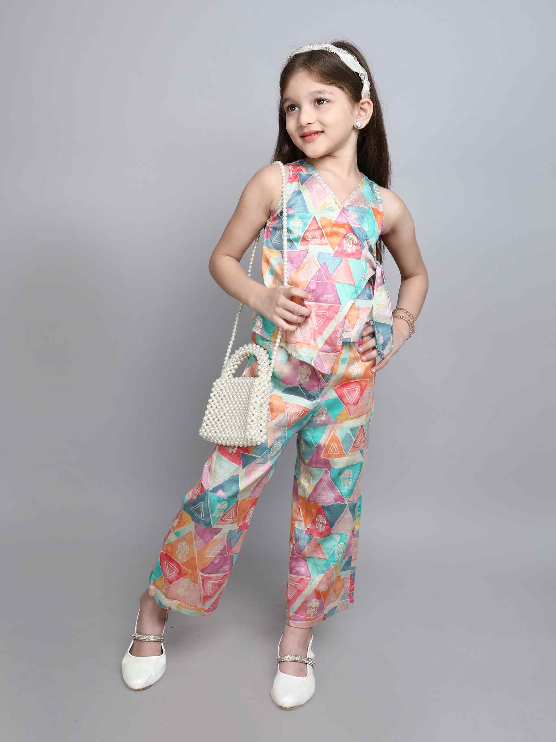 patch work printed sleeveless ethnic wrap top and pant set-Multi