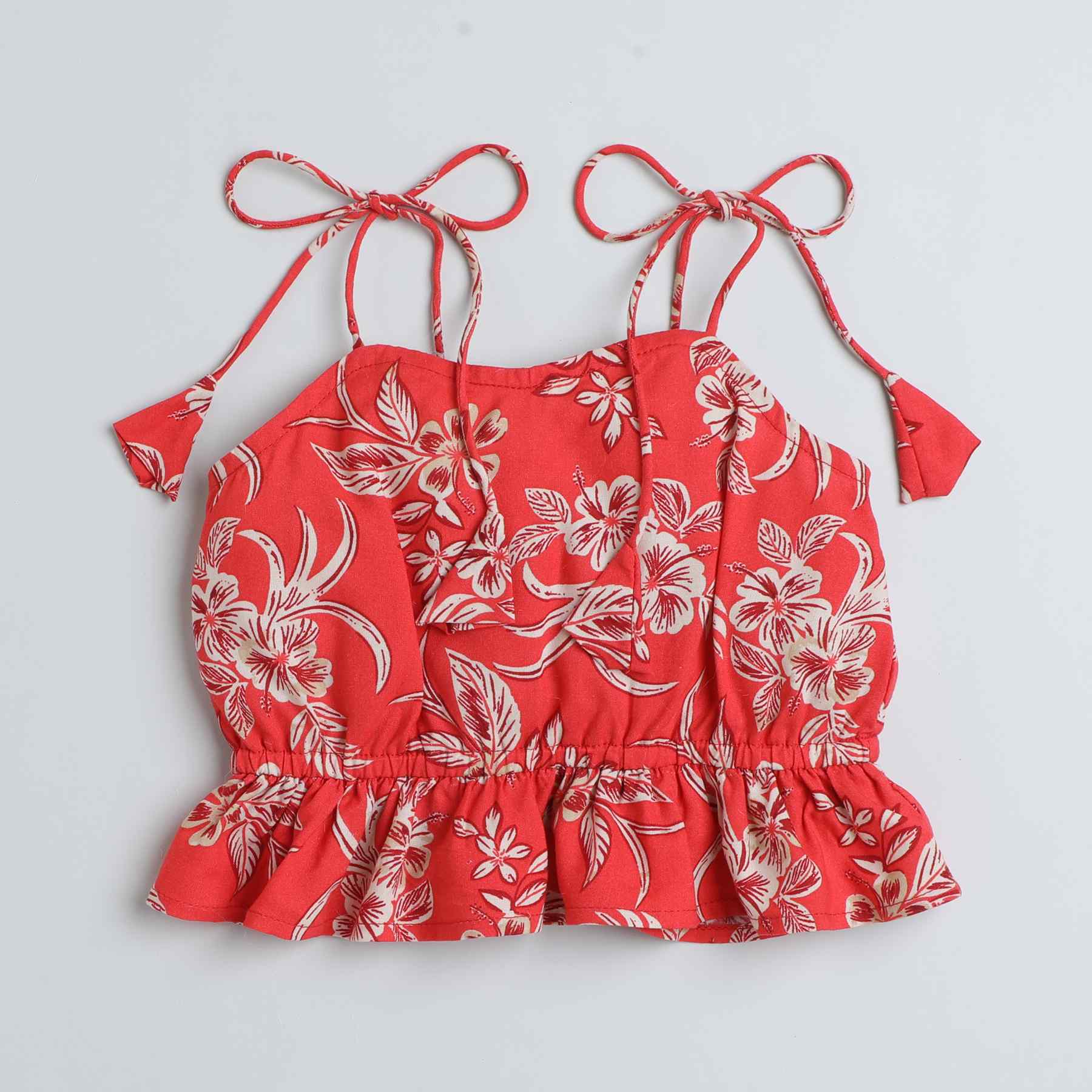 floral printed shoulder tie up peplum crop top-Red/Multi