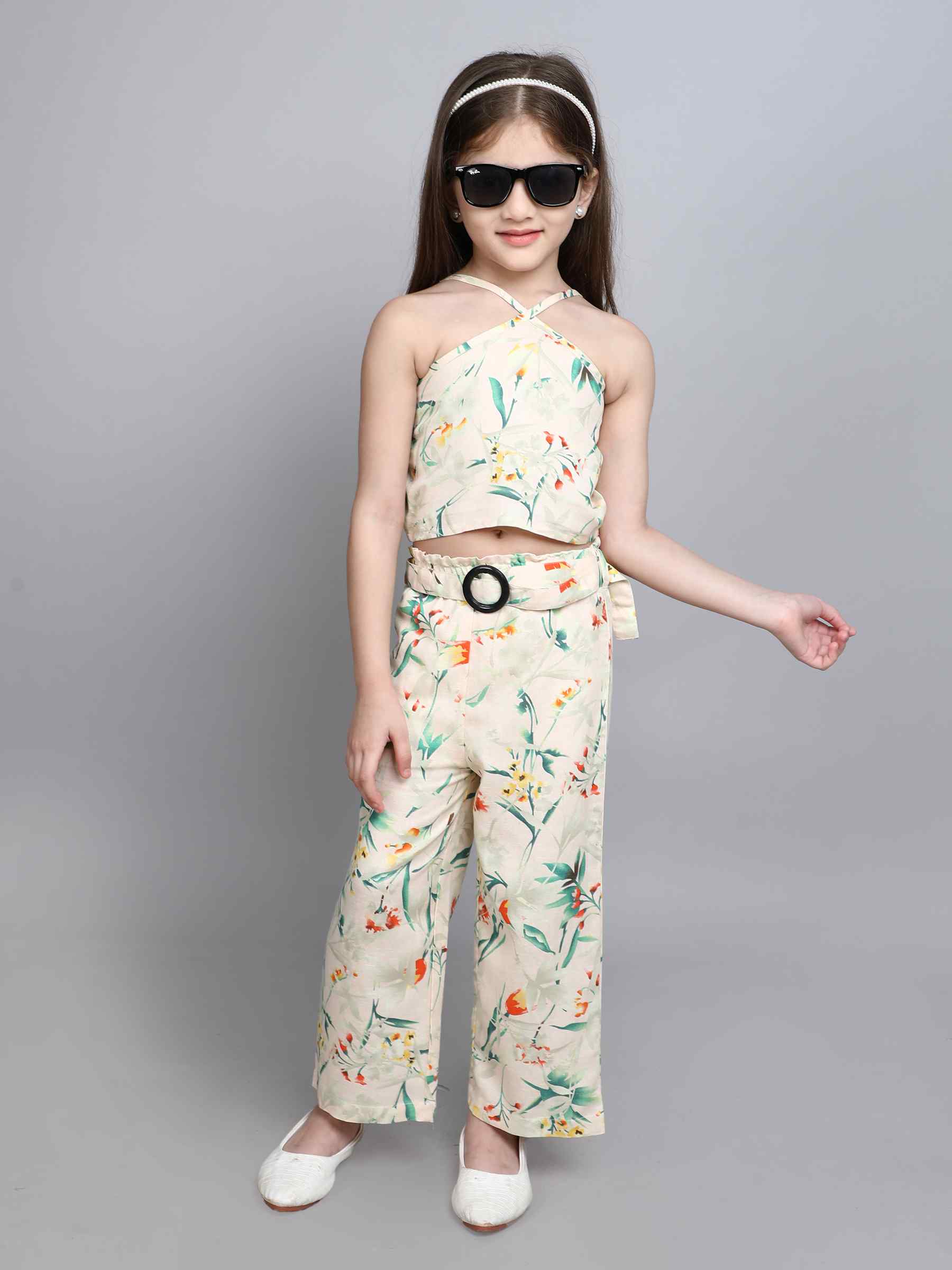 floral printed halter neck crop top with matching  belt detail pant set-Multi