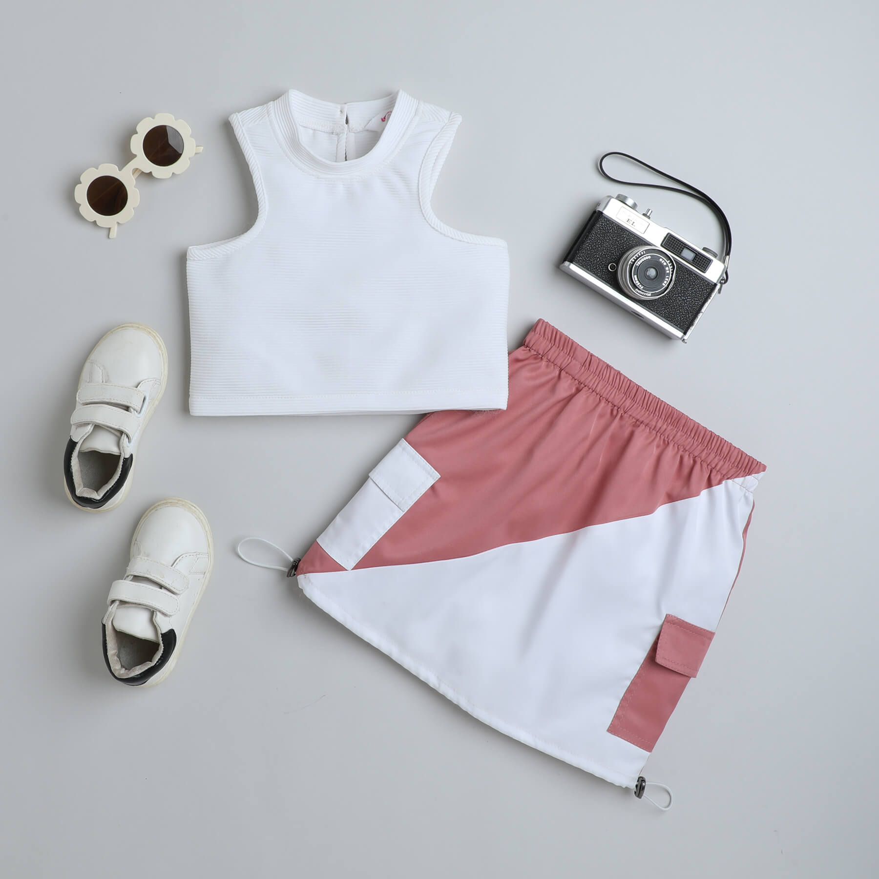 Solid sleeveless crop top with color-block parachute skirt set-White/Peach