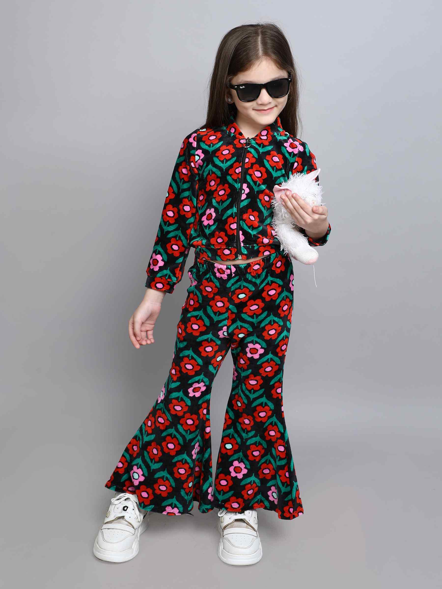 floral printed full sleeves zip up bomber jacket and bell bottom pant set-Multi