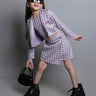 full sleeves crop blazer with matching crop top and panel skirt set-Purple