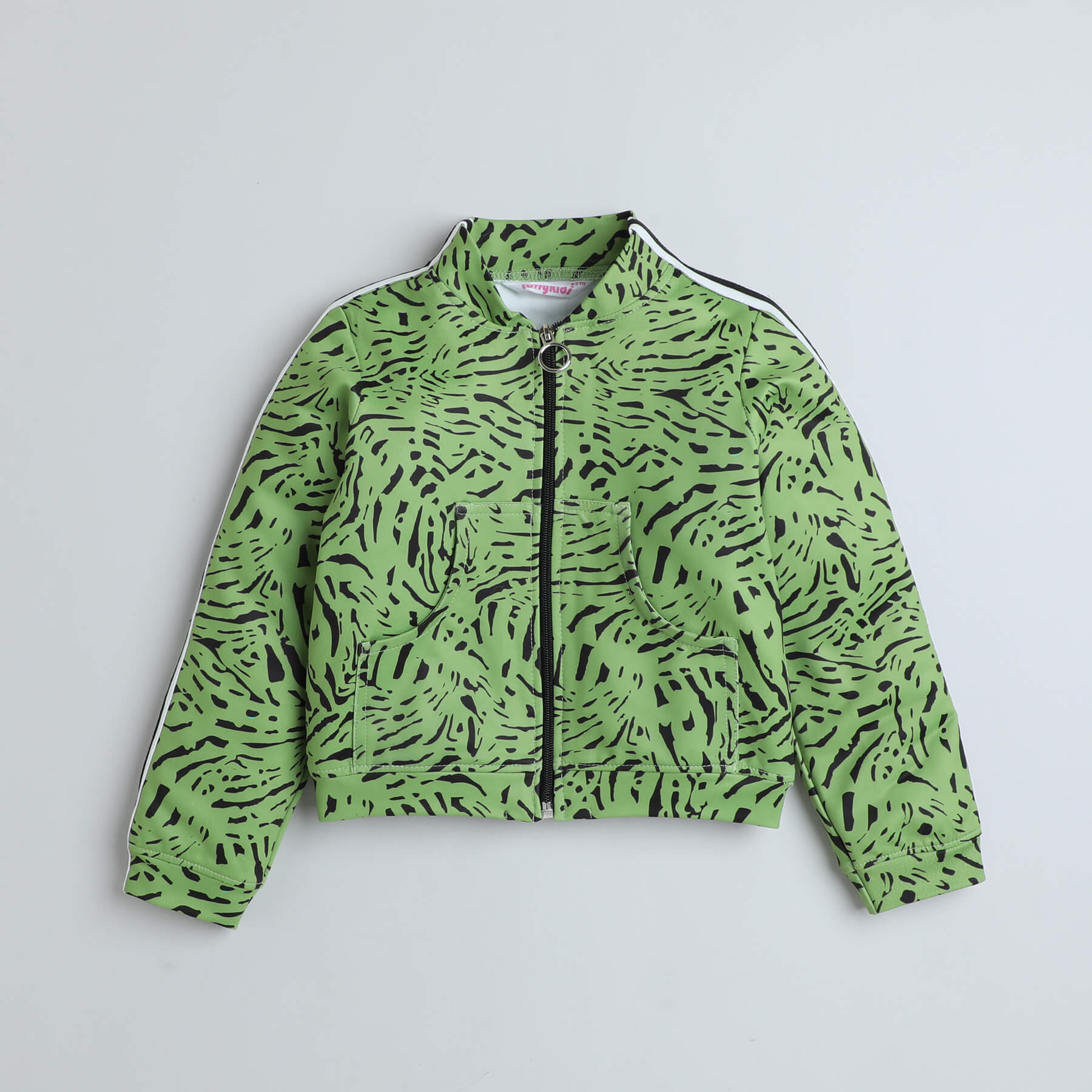 Animal printed tape detail full sleeves zip up jacket with matching pant set-Green/Multi