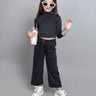 full sleeves turtle neck crop top and tie up belt pant set-charcoal black