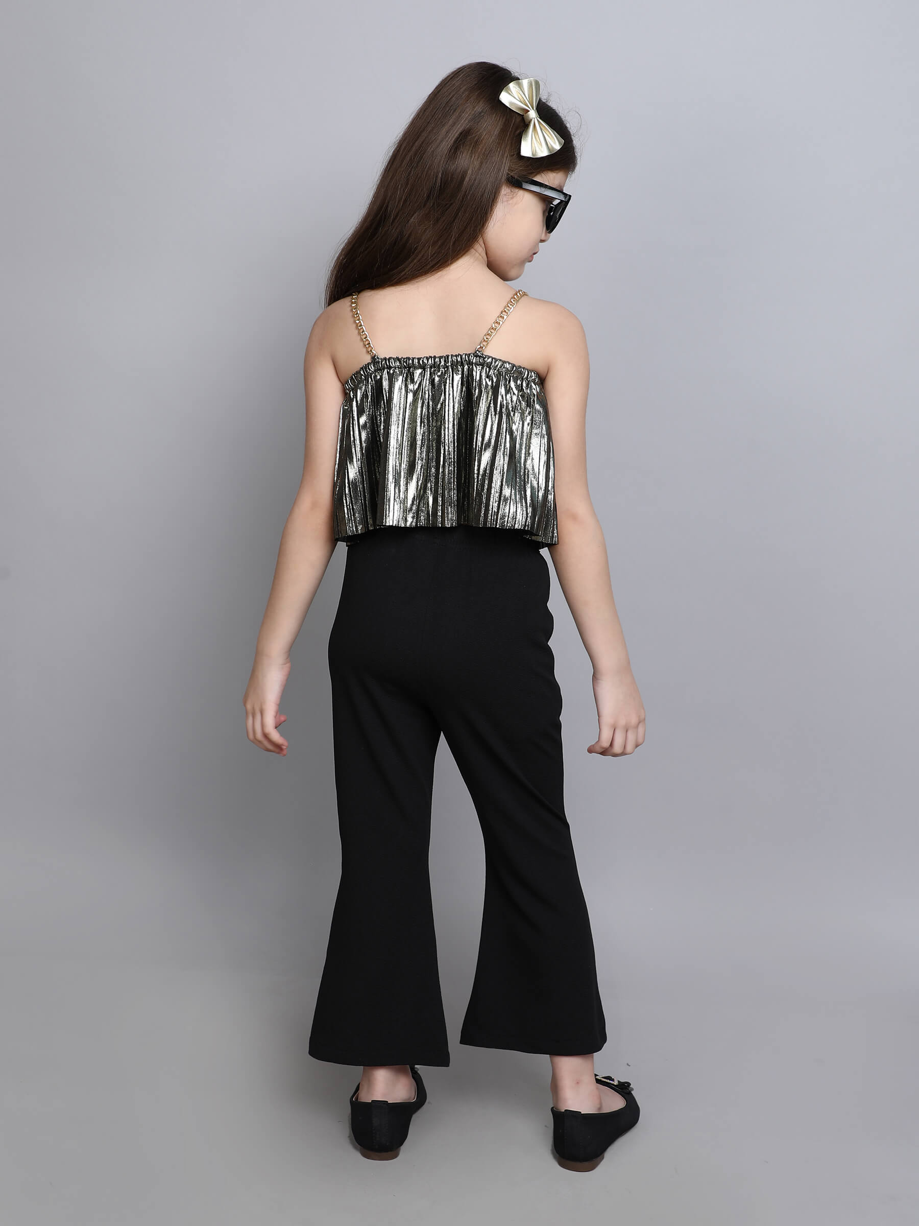 metallic pleated chain straps Aline party crop top and bell bottom pant set-Gold/Black