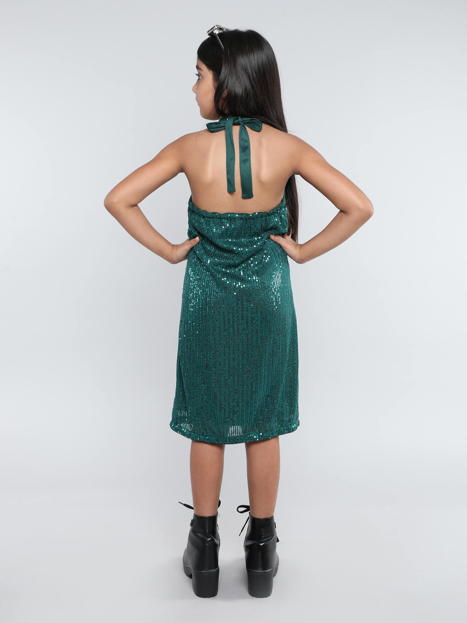 sequin embellished halter neck party dress-Green