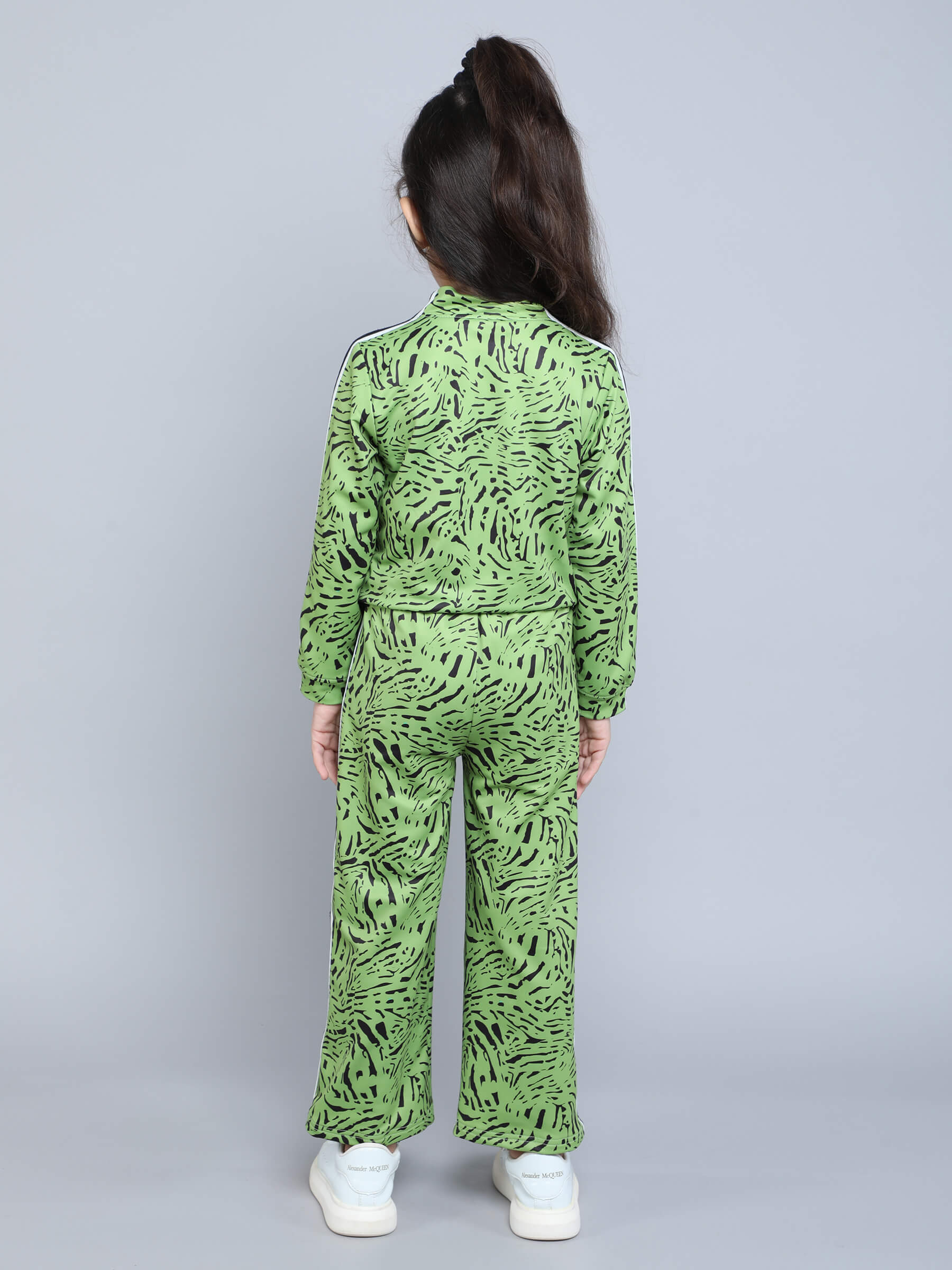 Animal printed tape detail full sleeves zip up jacket with matching pant set-Green/Multi