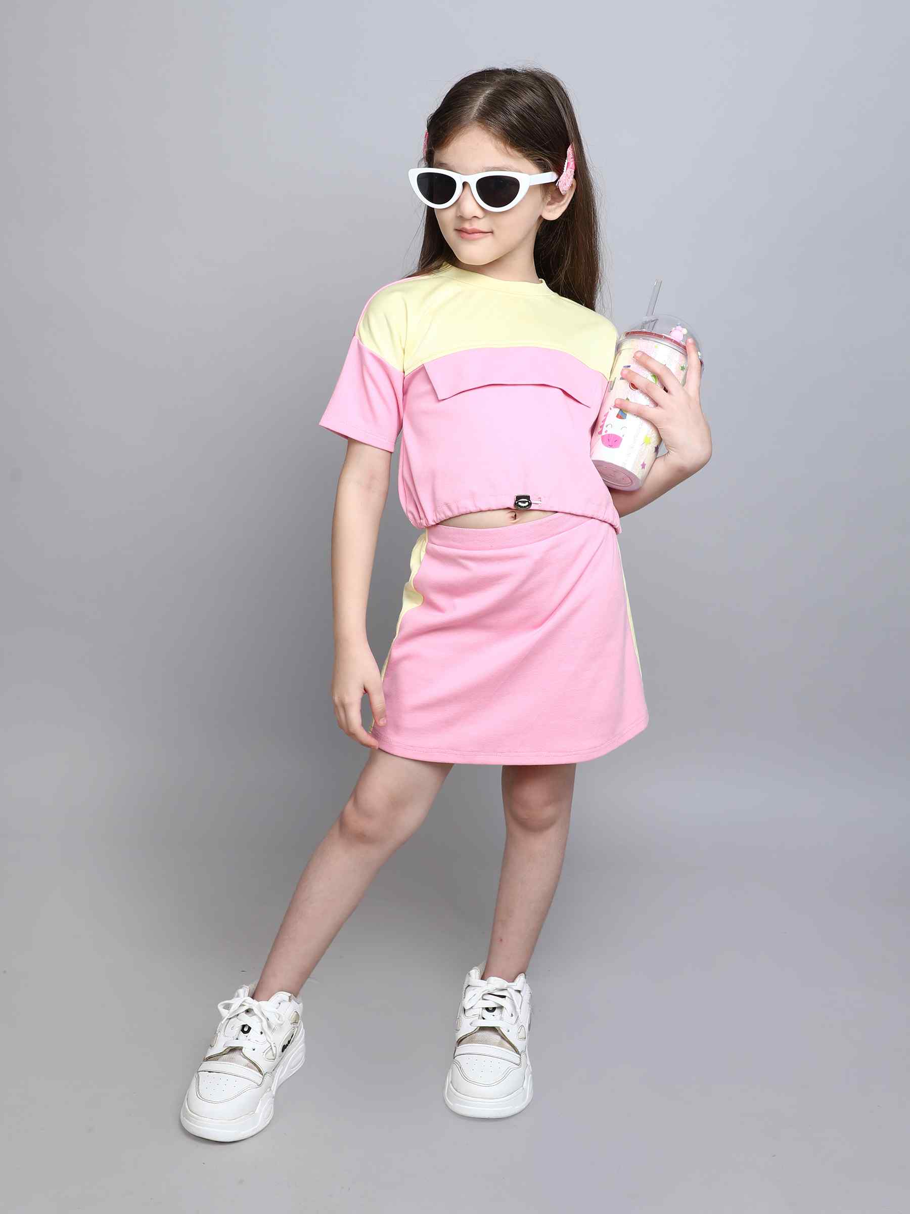 color block drop shoulder half sleeves crop T-shirt and matching skirt set-Pink/Yellow