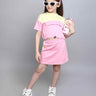 color block drop shoulder half sleeves crop T-shirt and matching skirt set-Pink/Yellow