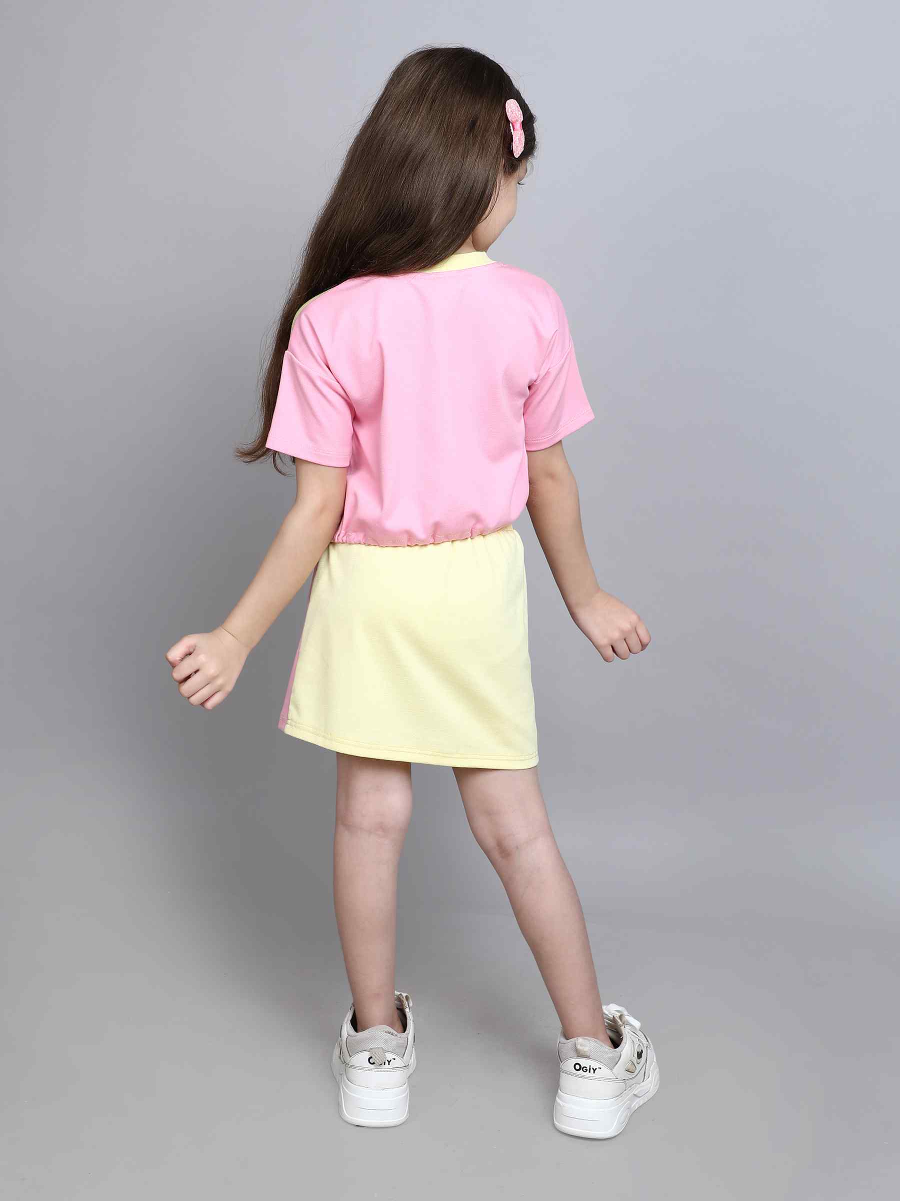 color block drop shoulder half sleeves crop T-shirt and matching skirt set-Pink/Yellow