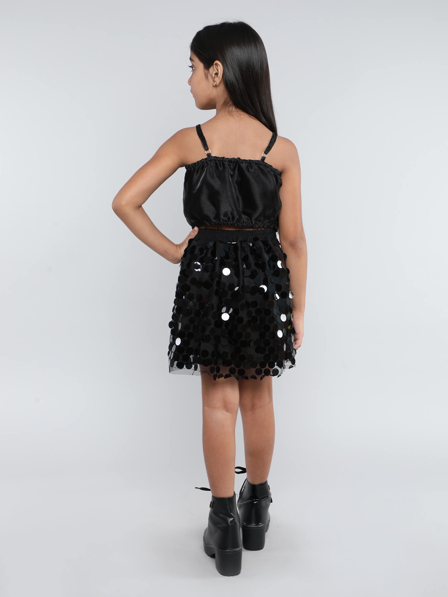 Organza bow detail party crop top and sequins skirt set-Black