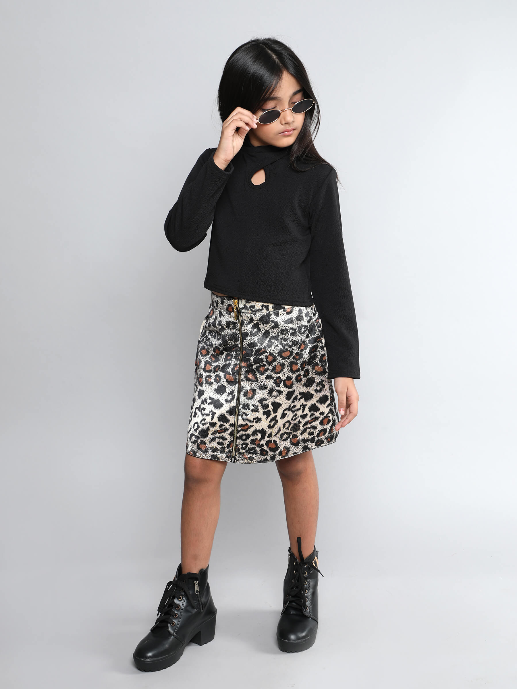 Solid Full sleeves cut-out detail top with Animal printed zipper skirt set-Black/Multi