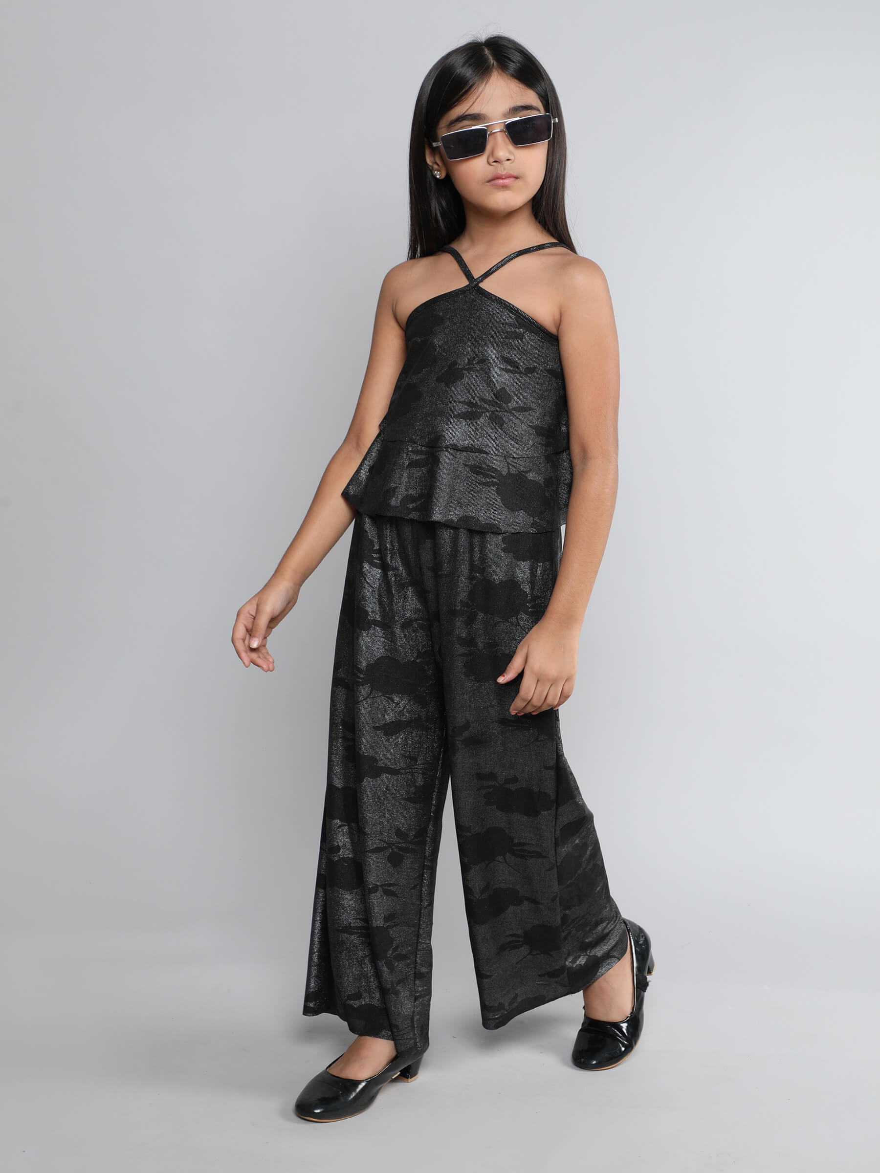 Foil printed halter neck ruffled party crop top and Pant set-Black/Silver