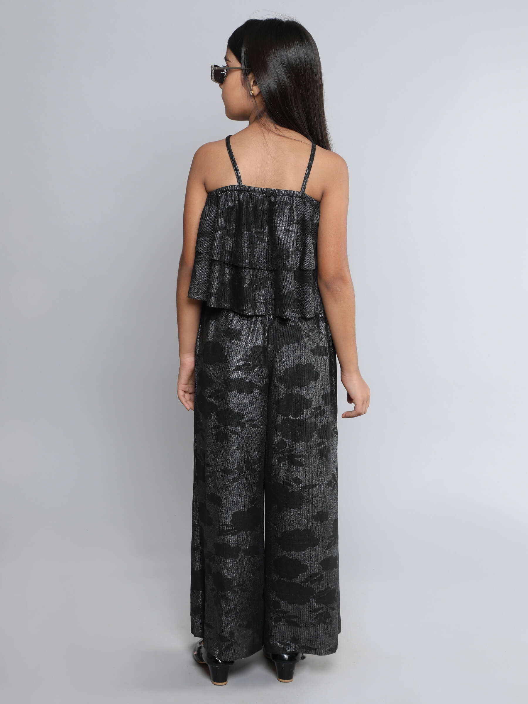 Foil printed halter neck ruffled party crop top and Pant set-Black/Silver