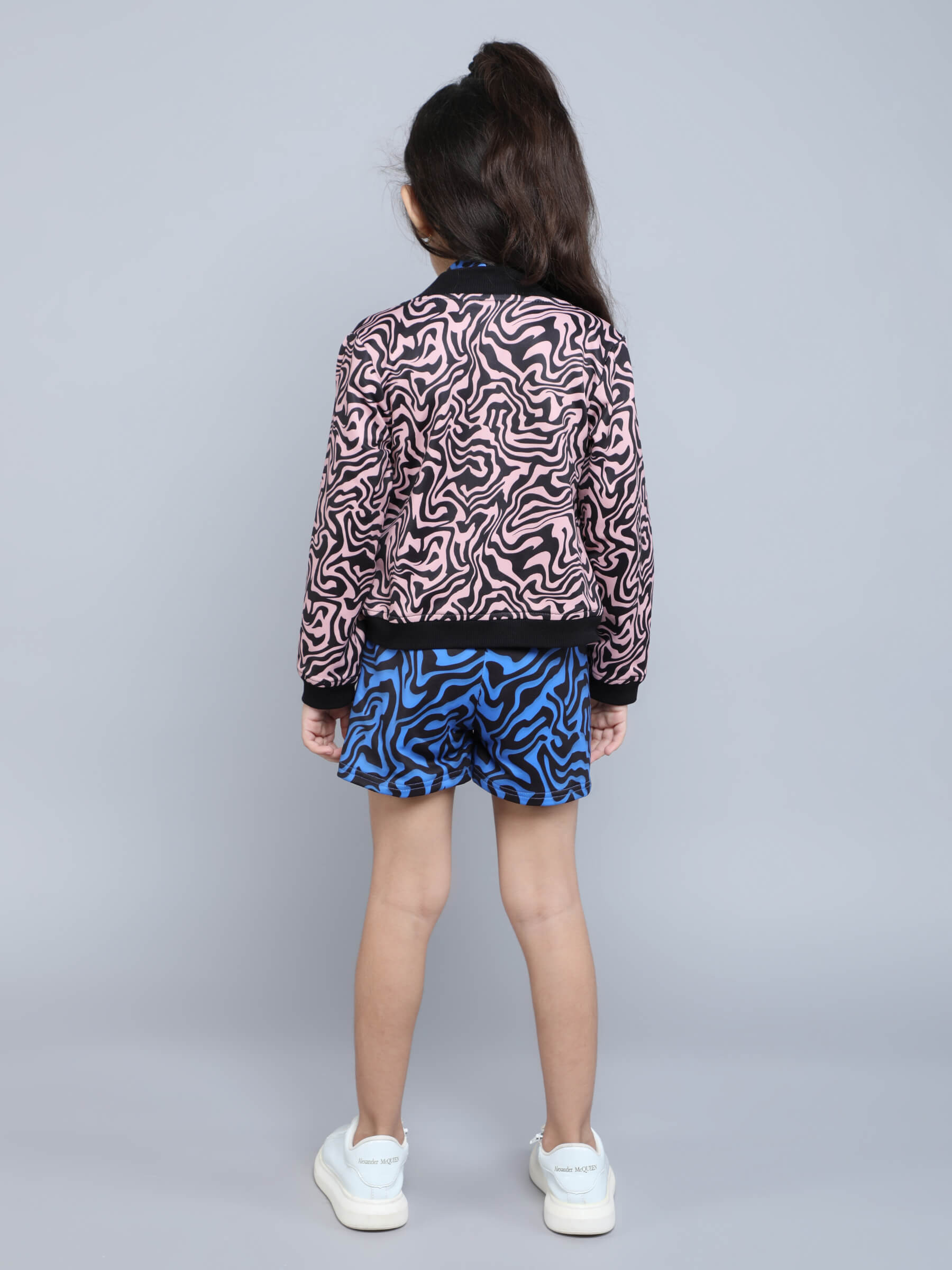 abstract printed full sleeves zip up jacket with printed sleeveless crop top and shorts set-Pink/Blue