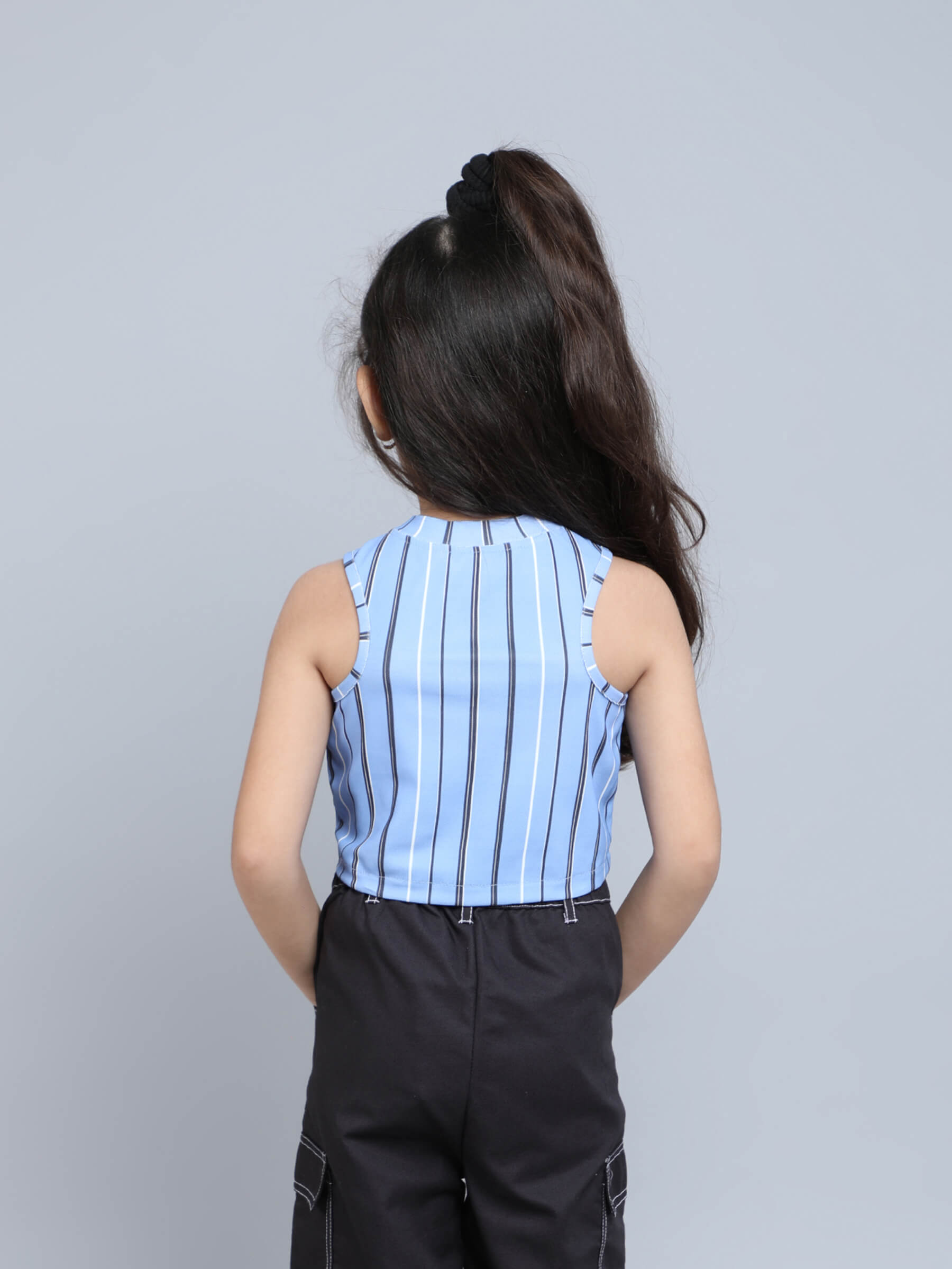 stripes printed sleeveless zip up crop top-Blue