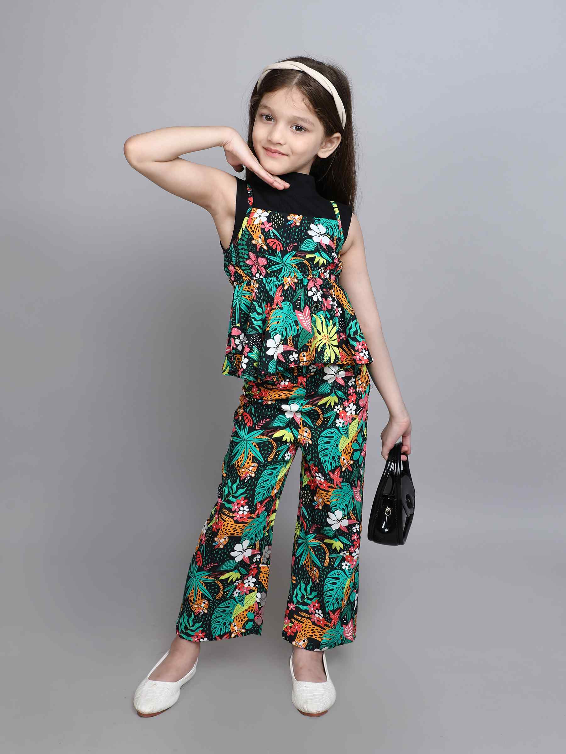 Animal printed singlet peplum top with matching pant and solid sleeveless crop top set-Multi/ Black