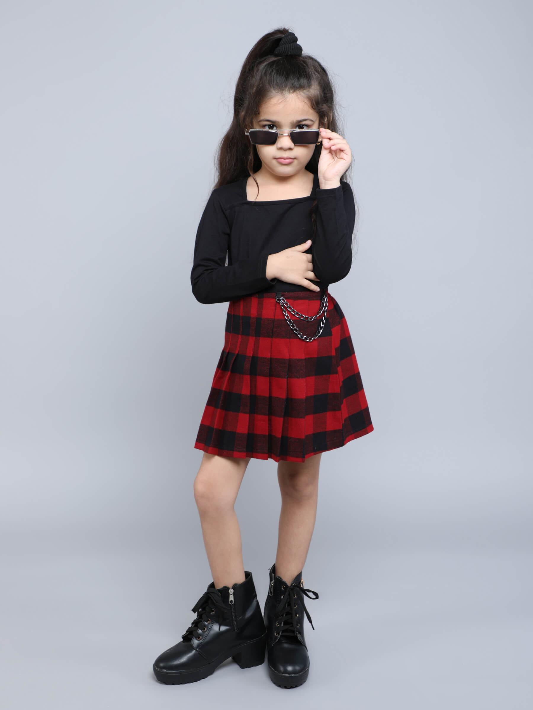 Solid full sleeves square neck crop top with chain detailed flannel Pleated skirt set-Black/Red