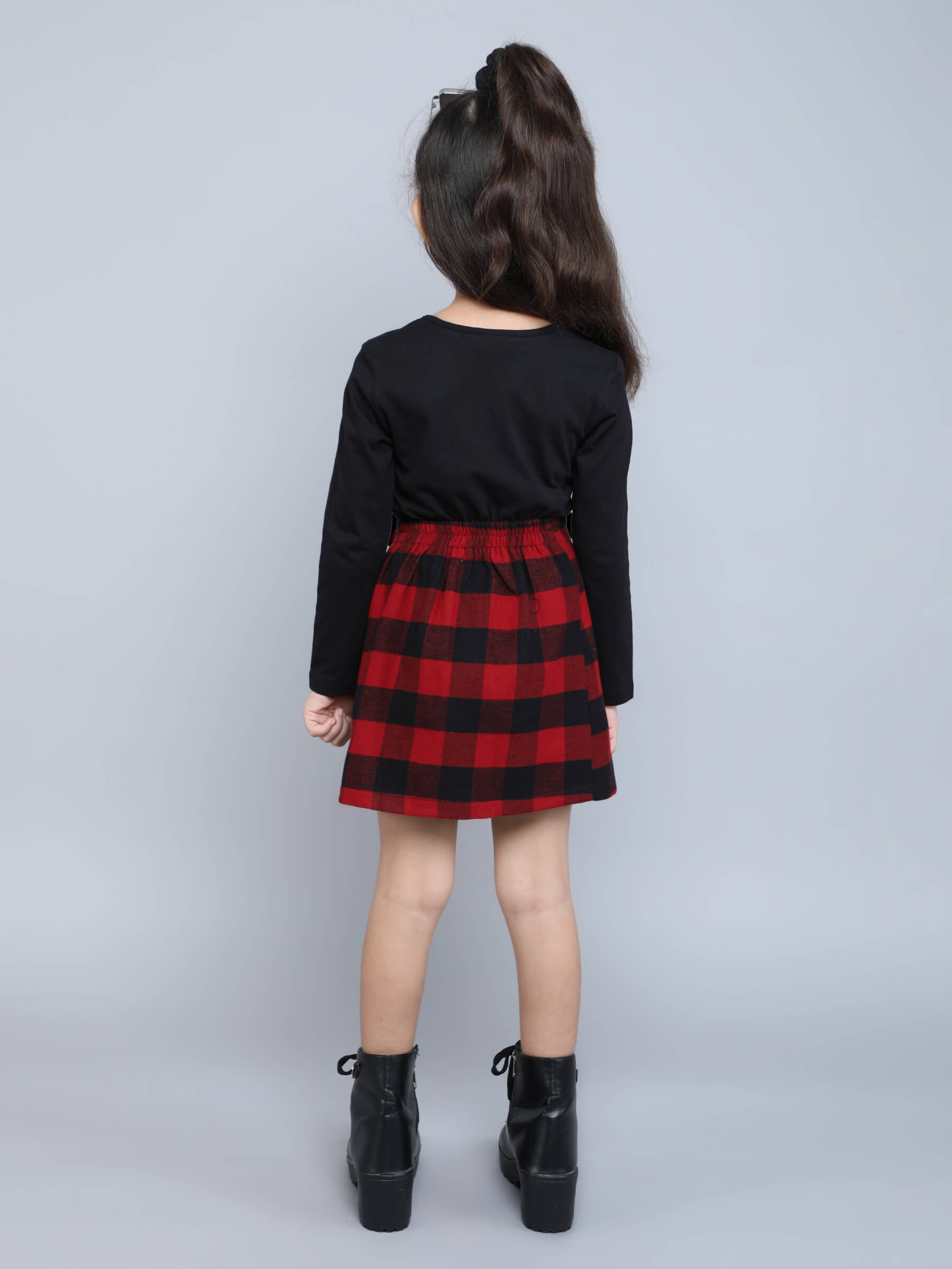 Solid full sleeves square neck crop top with chain detailed flannel Pleated skirt set-Black/Red