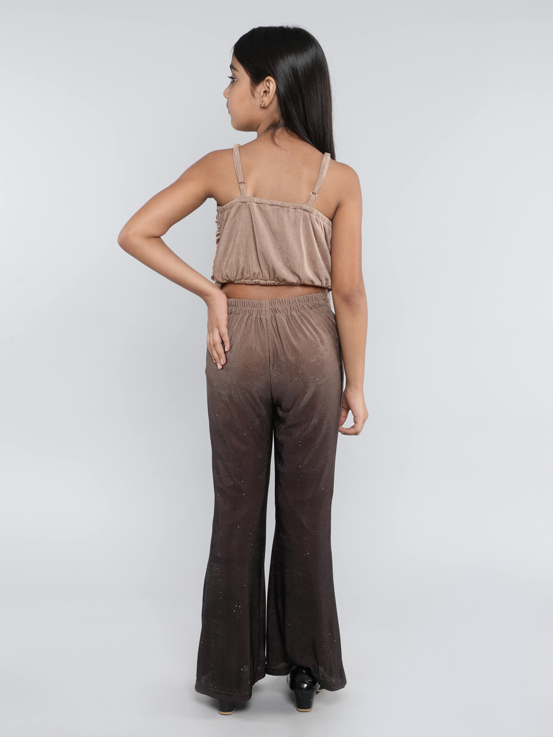 Ombre rushed Party top with matching bell bottom pant set-Tan/brown