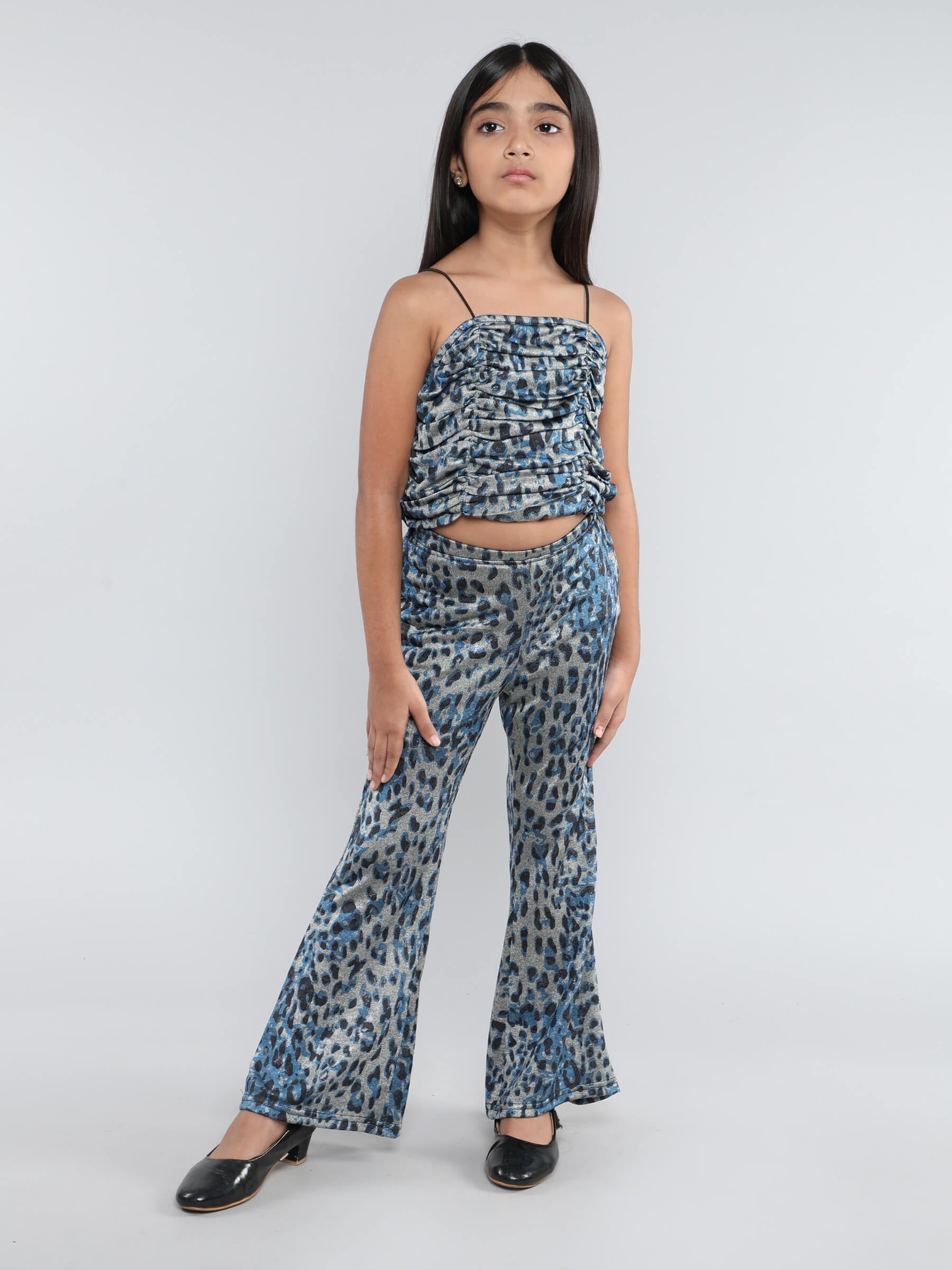 Animal printed rushed top with matching bell bottom pant set-Grey/multi