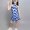 100% cotton ikkat printed button detail halter neck above  knee length Aline dress-Blue/White