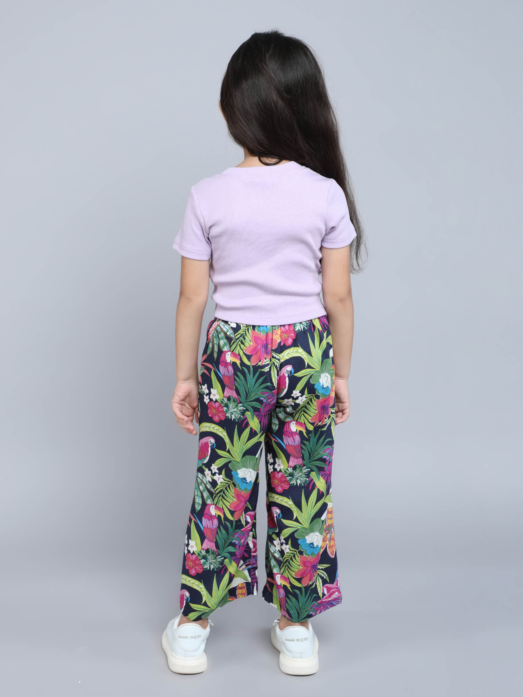 half sleeves cut out detail crop top with floral printed pant set-Lilac/multi