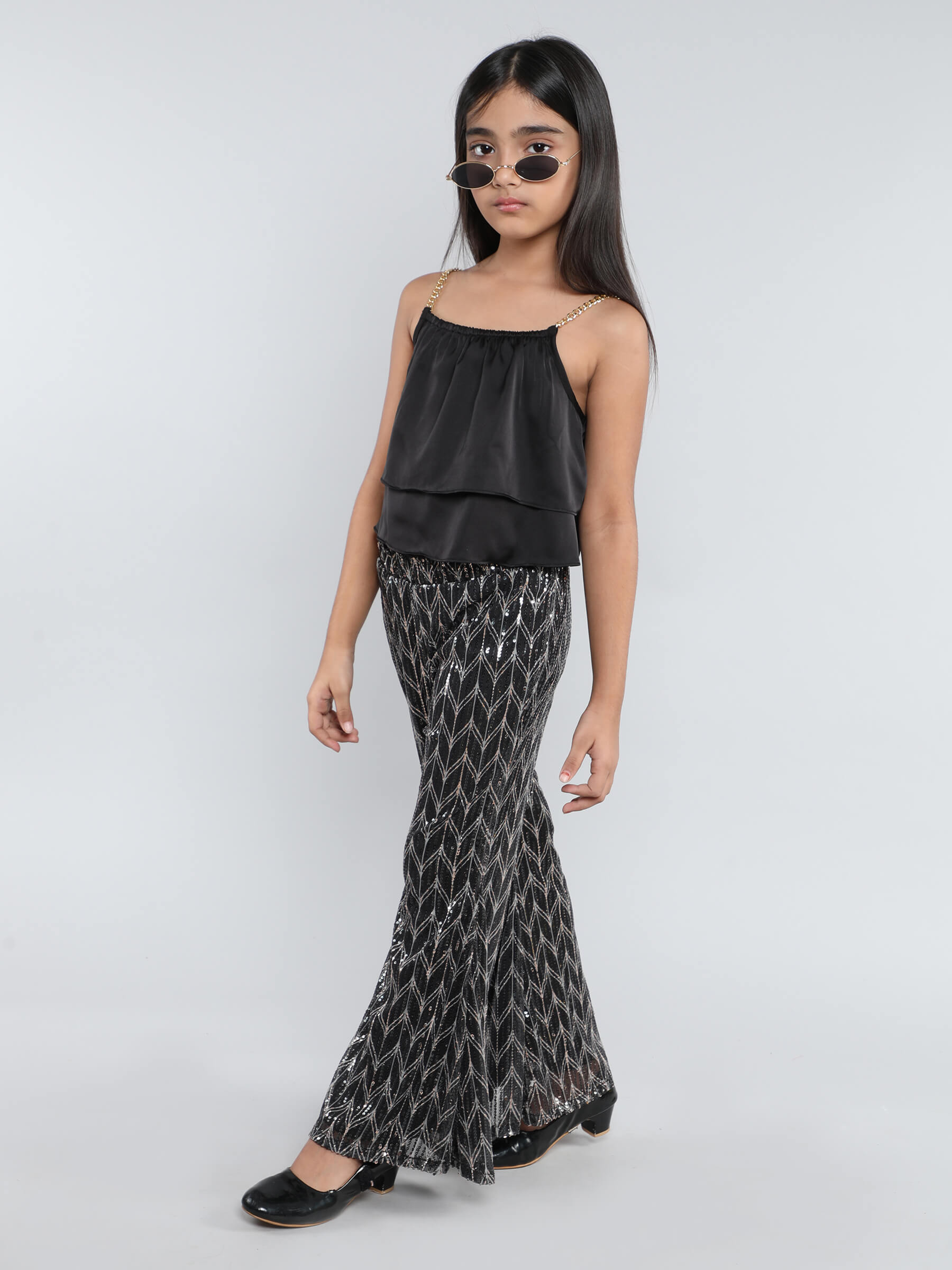 chain strap detail layered party crop top and printed sequins pant set-Black/Gold