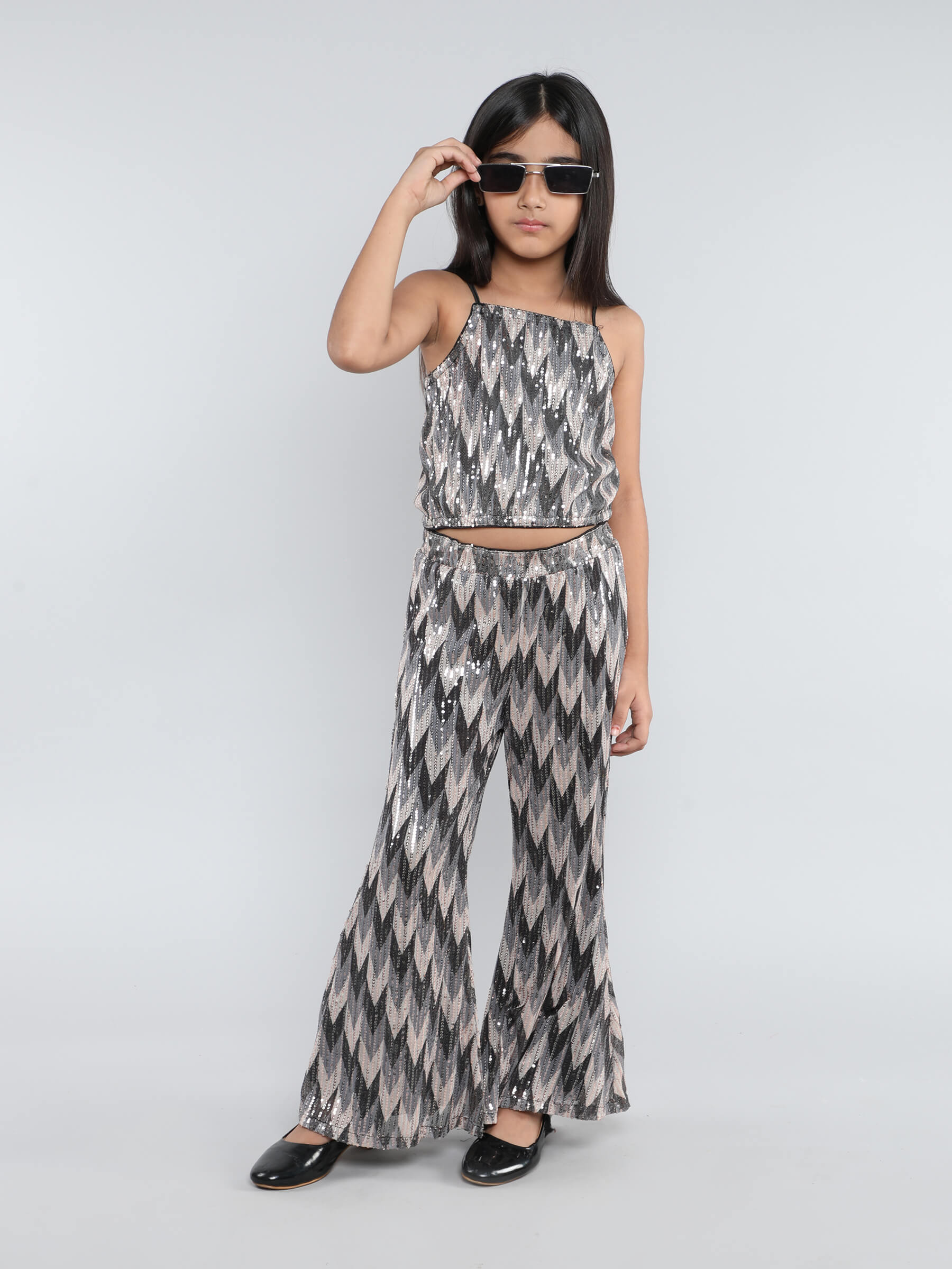 sequin embellished zigzag printed crop top and bell bottom pant set-Black-multi