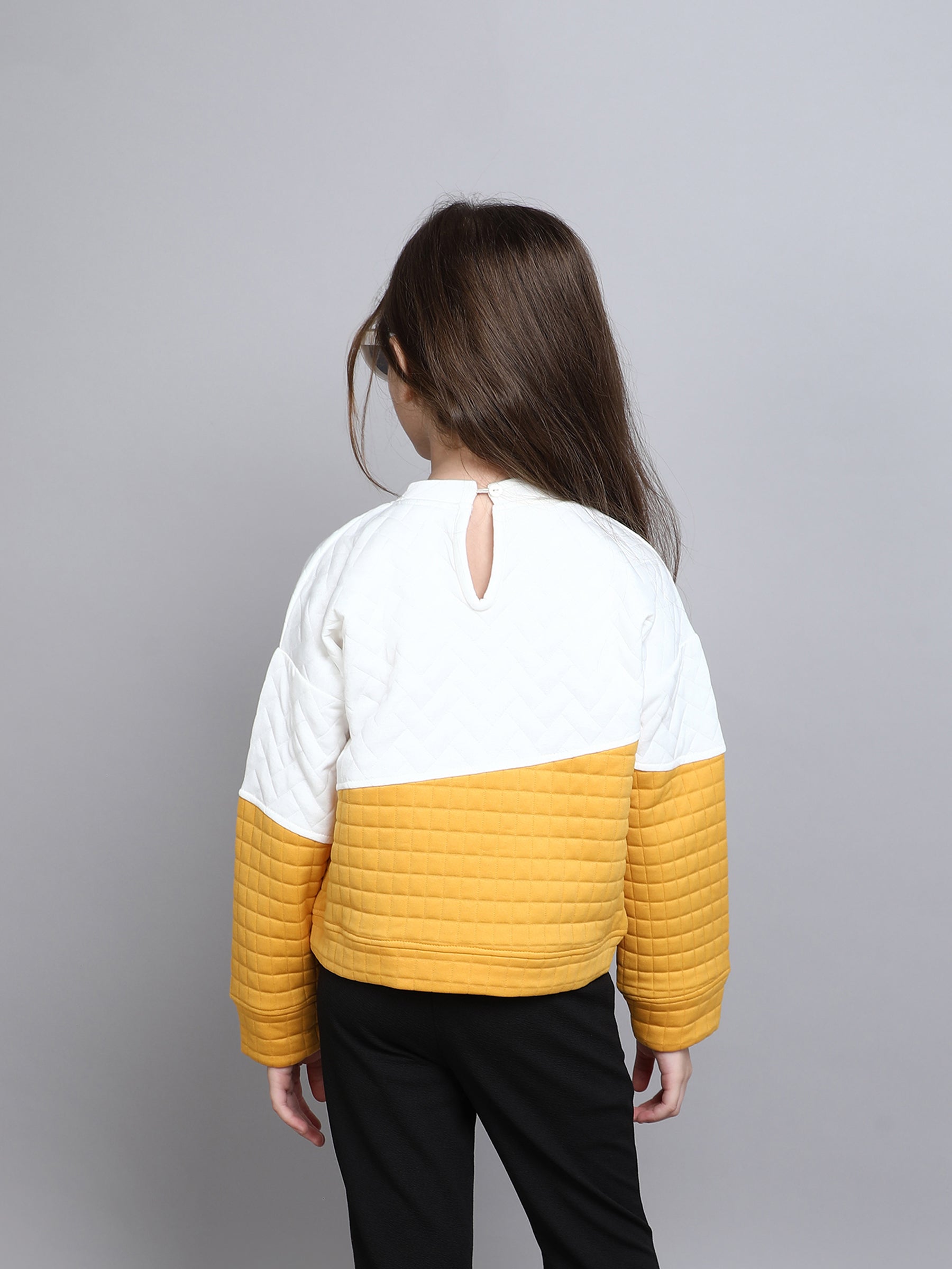 color block full sleeves quilted sweatshirt-White/Yellow