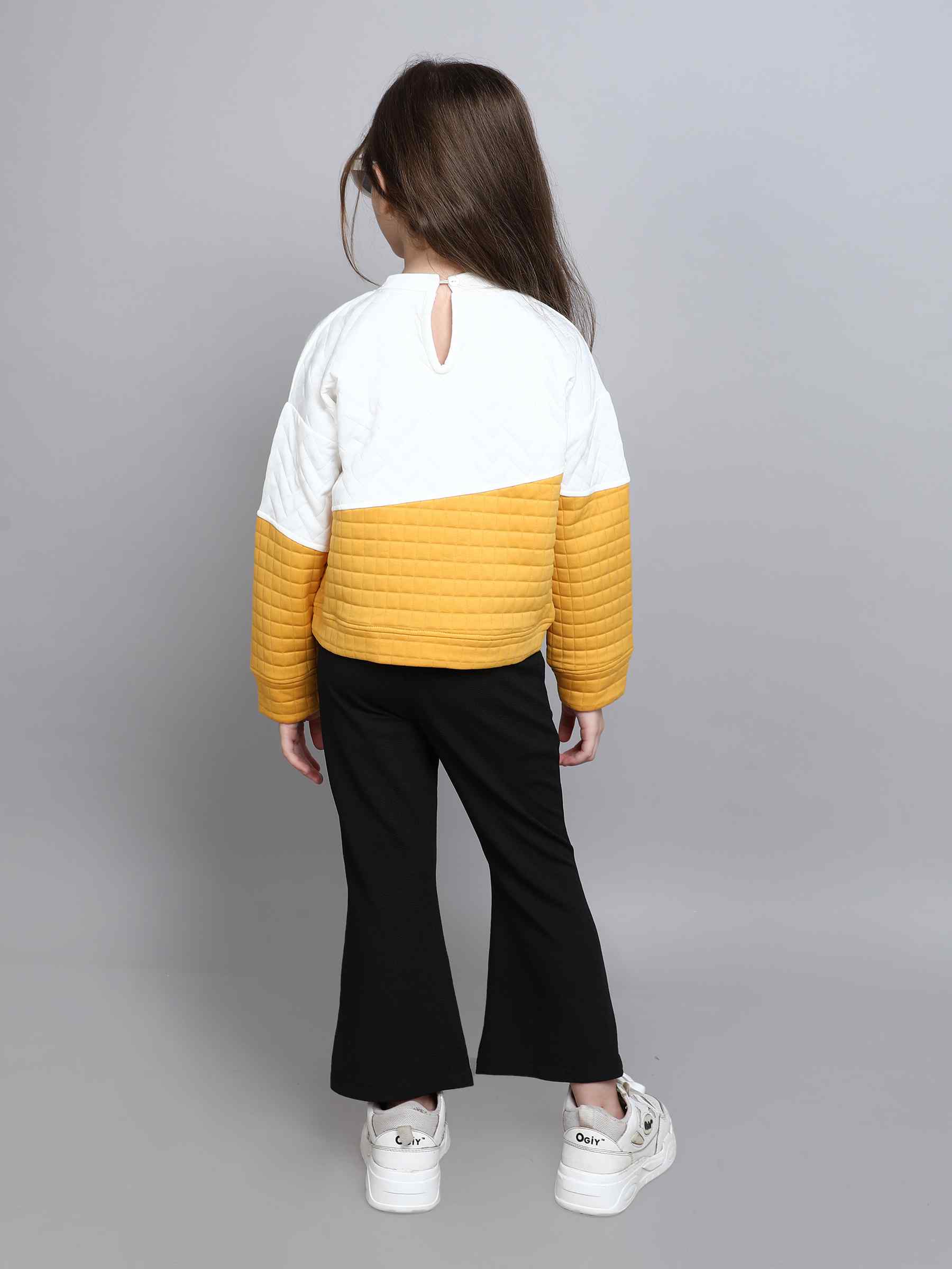 color block full sleeves quilted sweatshirt-White/Yellow