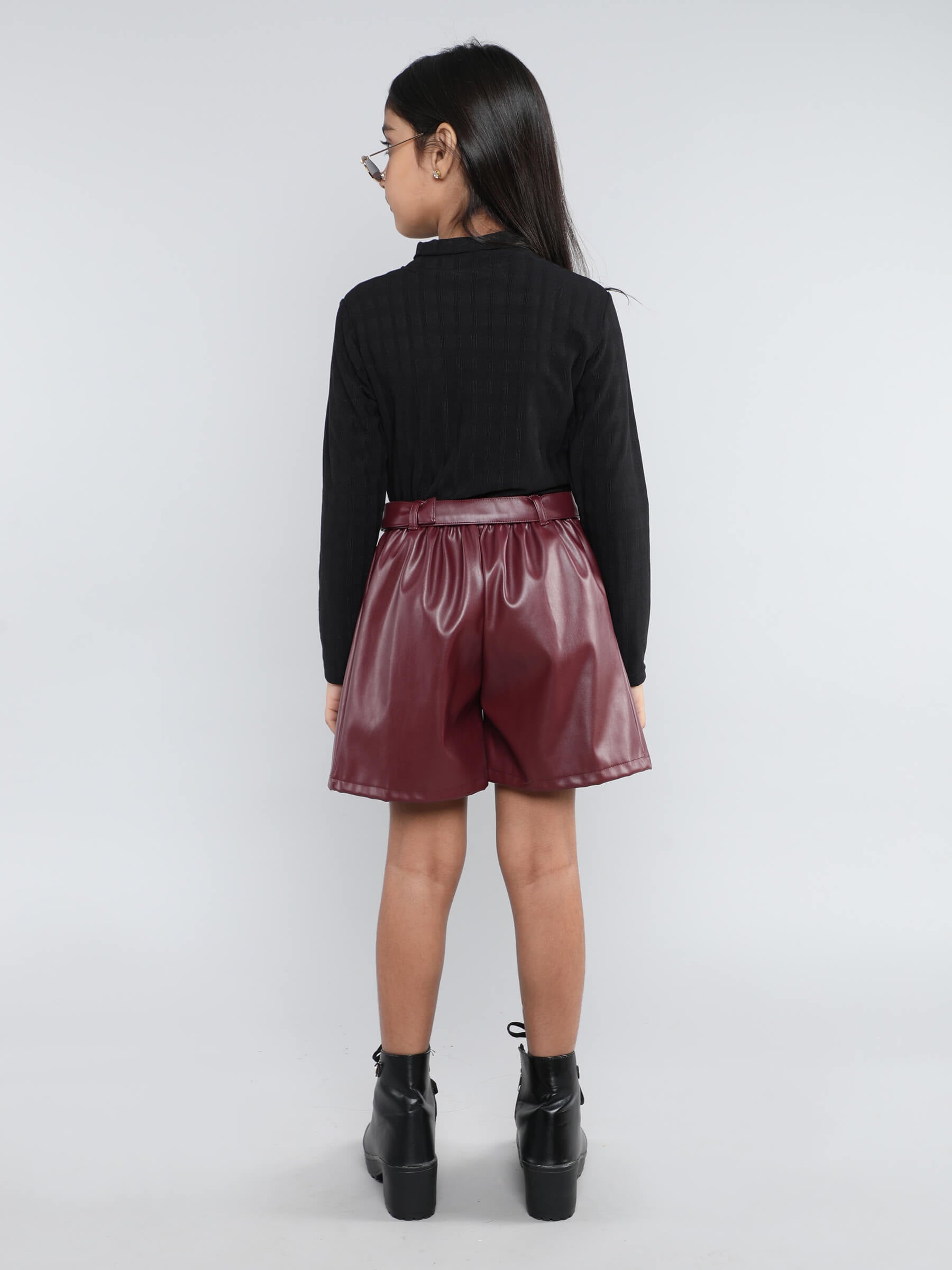 Textured Full sleeves top with Pleated leather belted shorts set-Black/Maroon