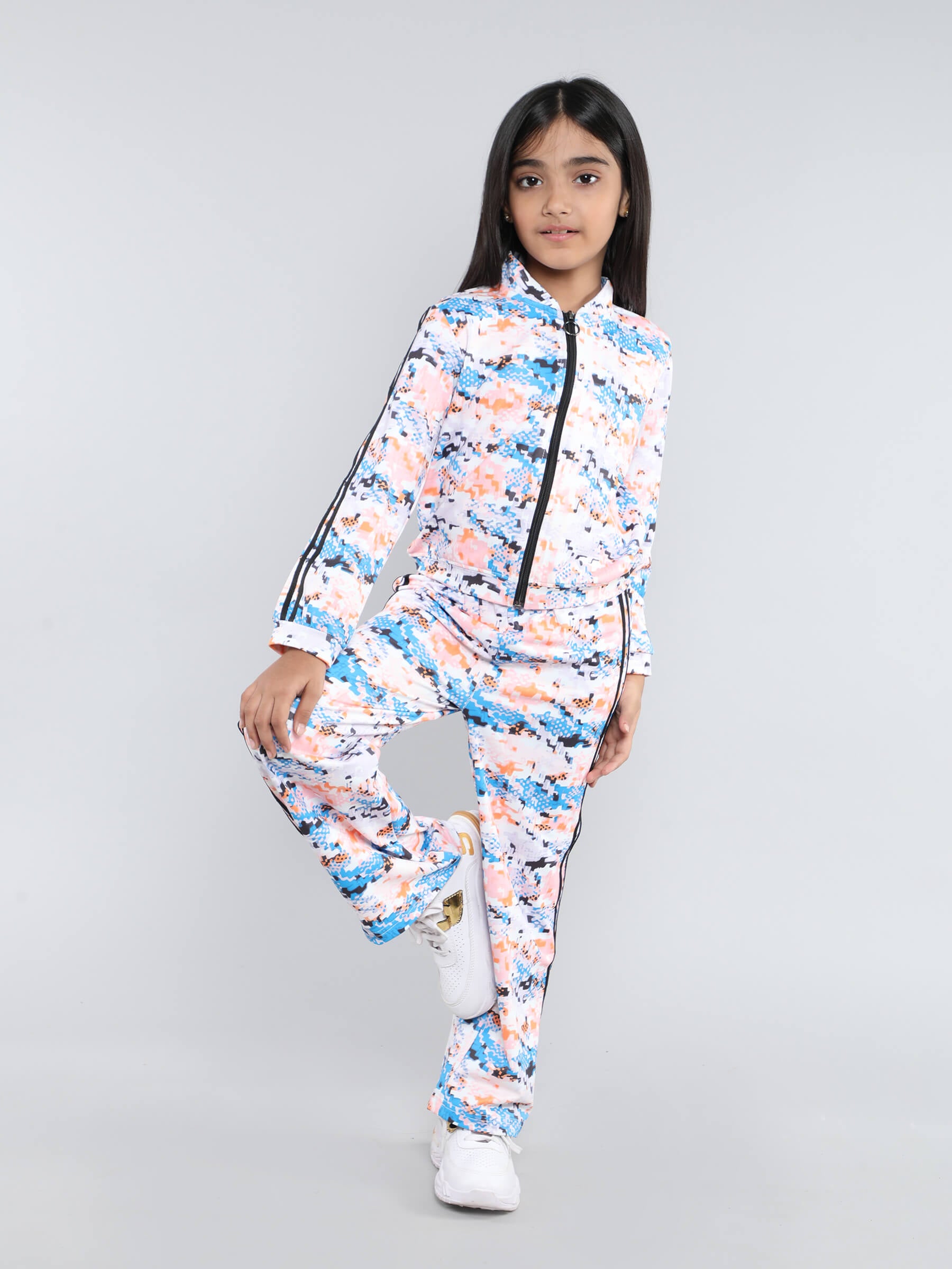 Abstract printed tape detail full sleeves zip up jacket with matching pant set-White/Multi