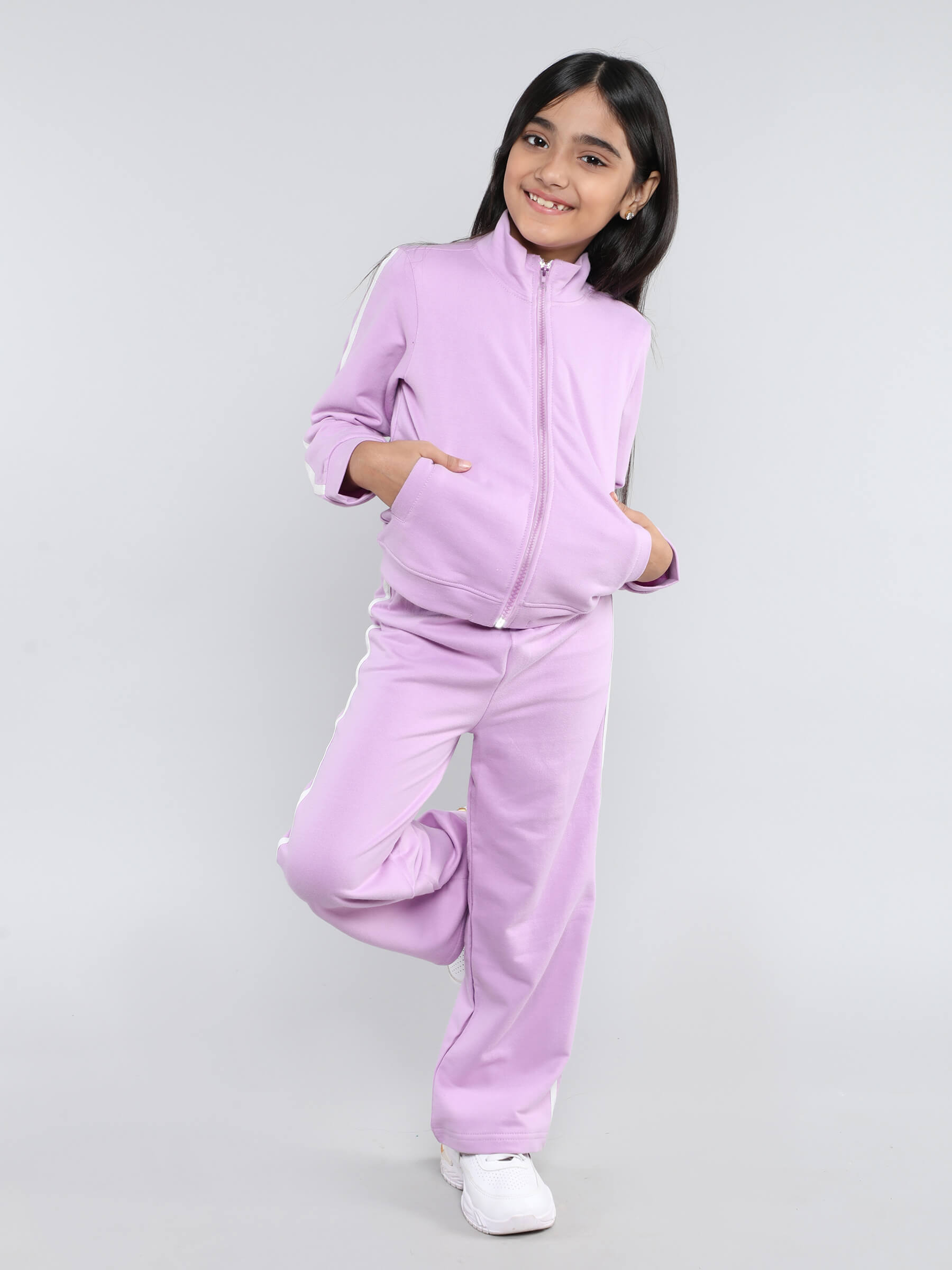 Tape detail full sleeves zip up jacket and matching pant set-Lilac