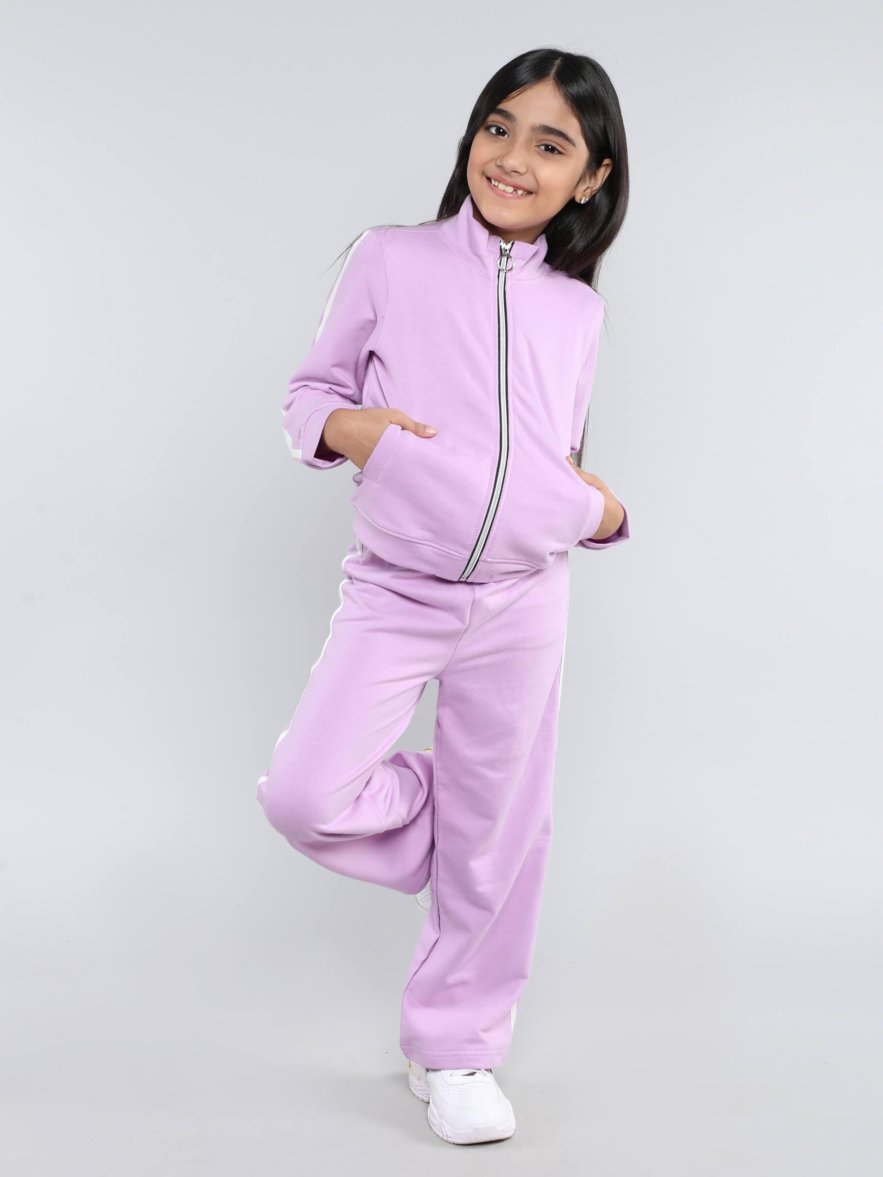 Tape detail full sleeves zip up jacket and matching pant set-Lilac