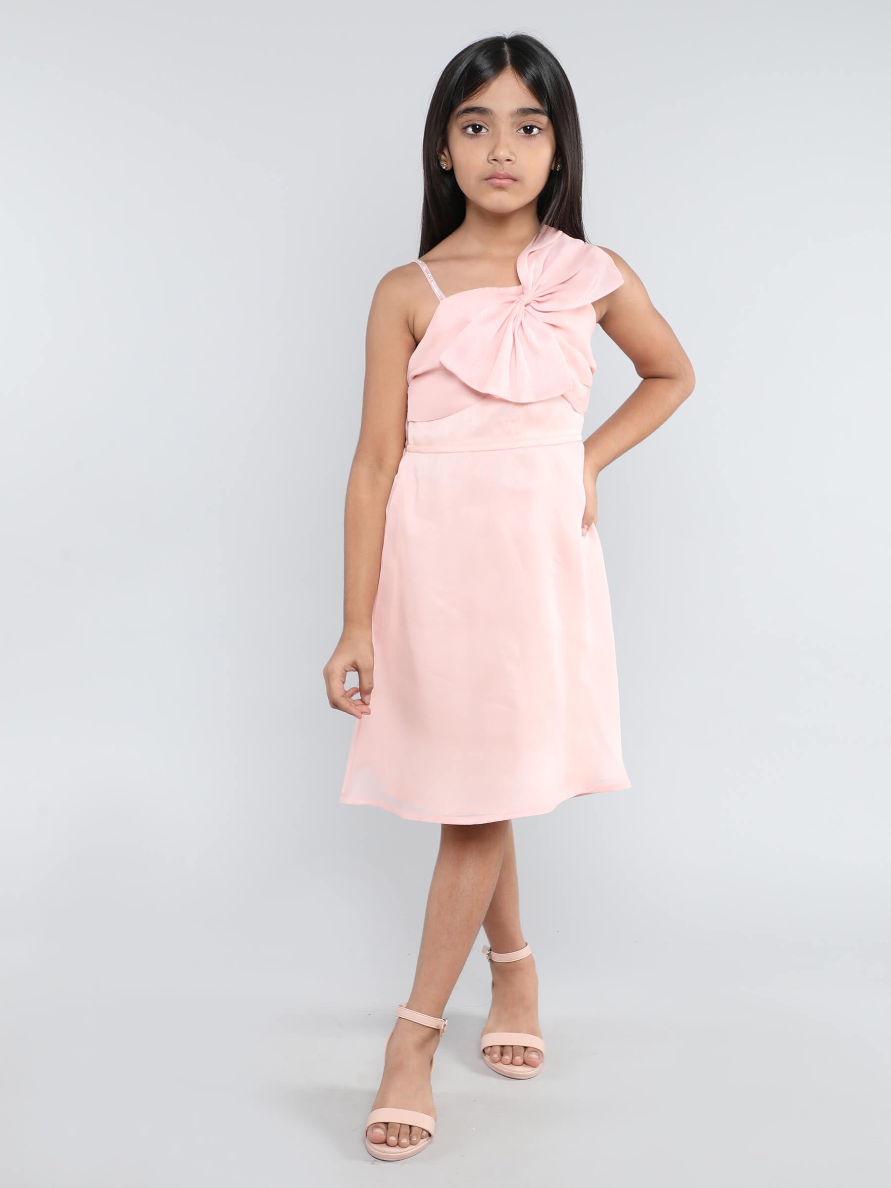 organza bow detail singlet party dress-Peach