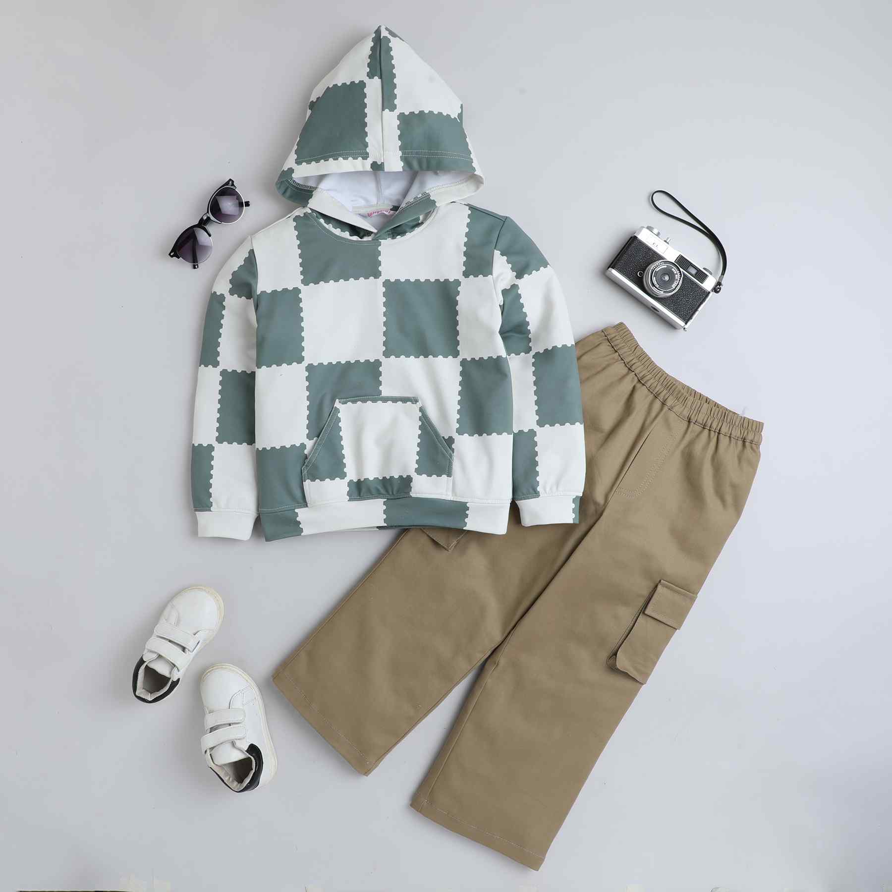 Checkered full sleeves pocket detail hoodie and solid cargo pant-Multi