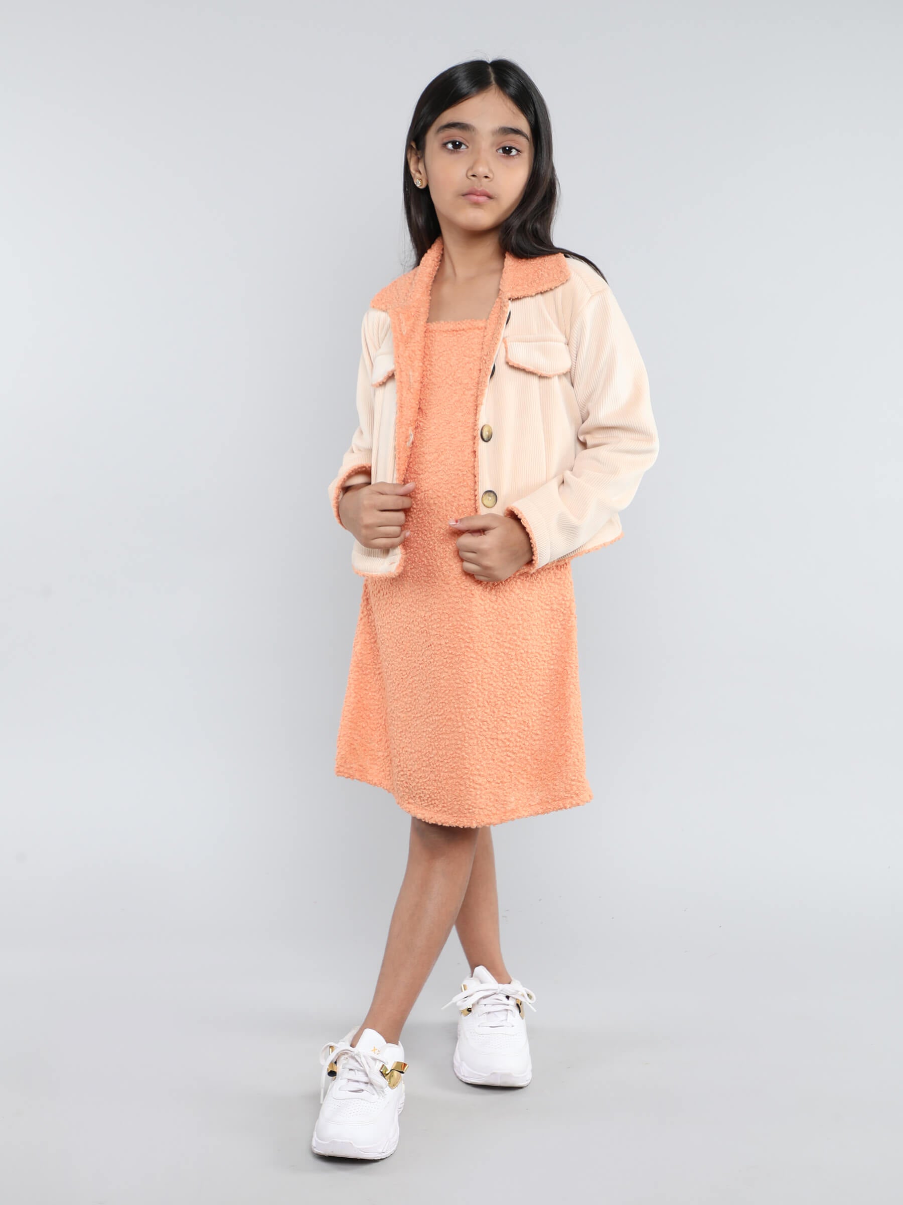 Textured collar full sleeves winter jacket with A-line singlet dress-Cream/Orange