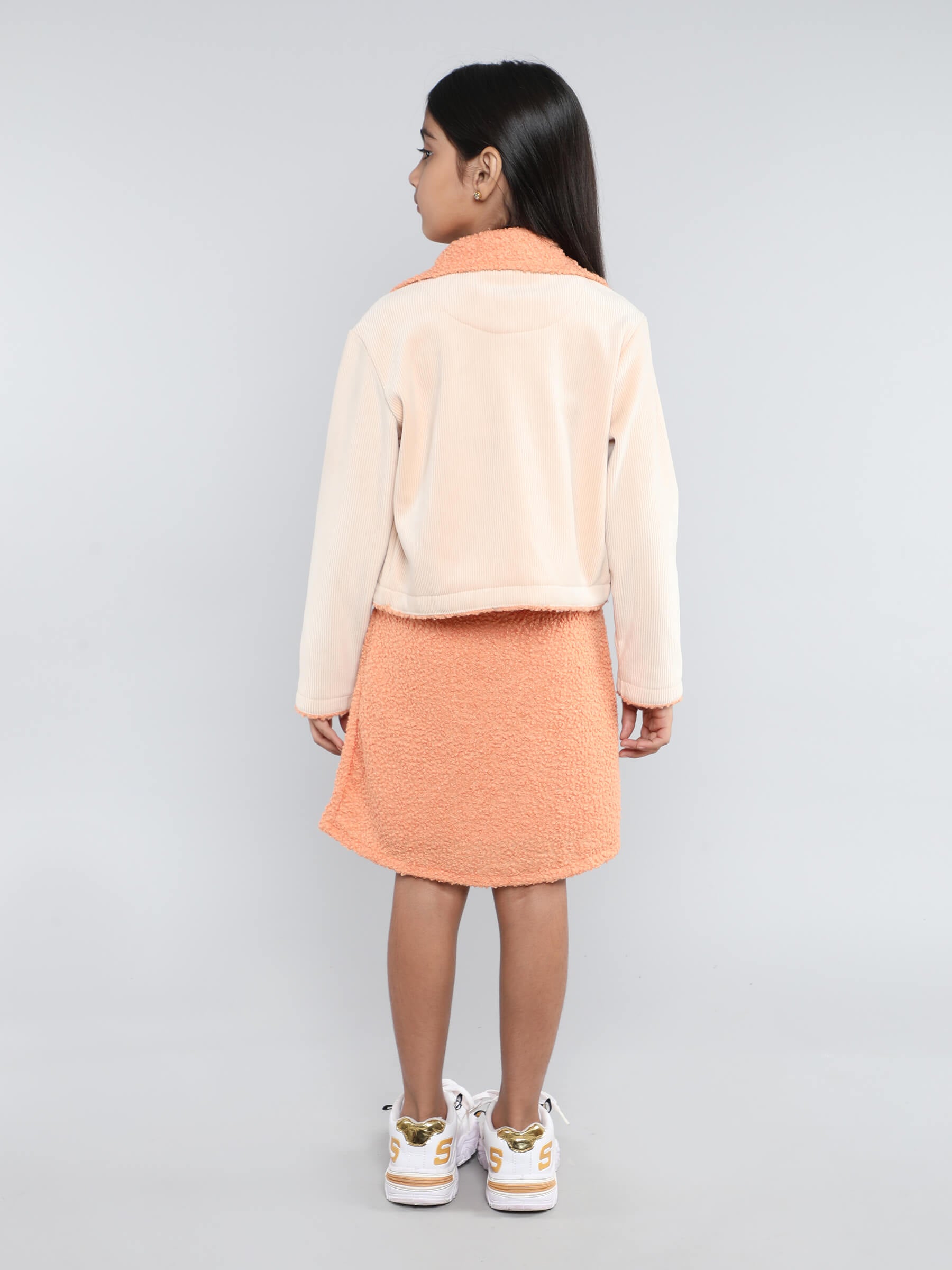 Textured collar full sleeves winter jacket with A-line singlet dress-Cream/Orange