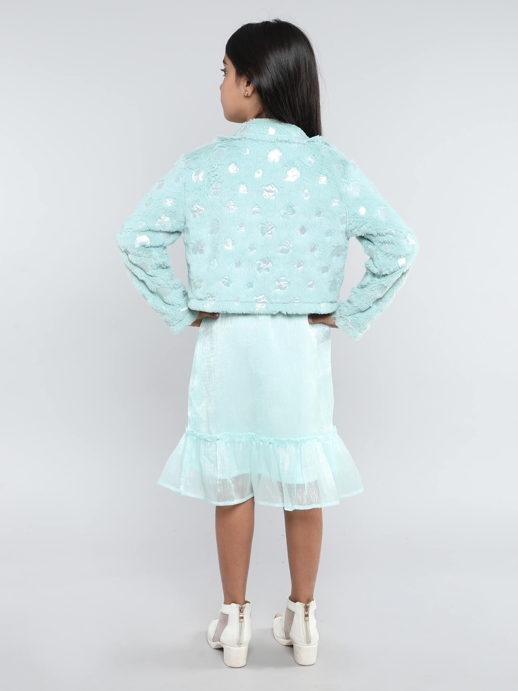 foil printed fur full sleeves collar shrug and singlet tiered dress set-Aquamarine