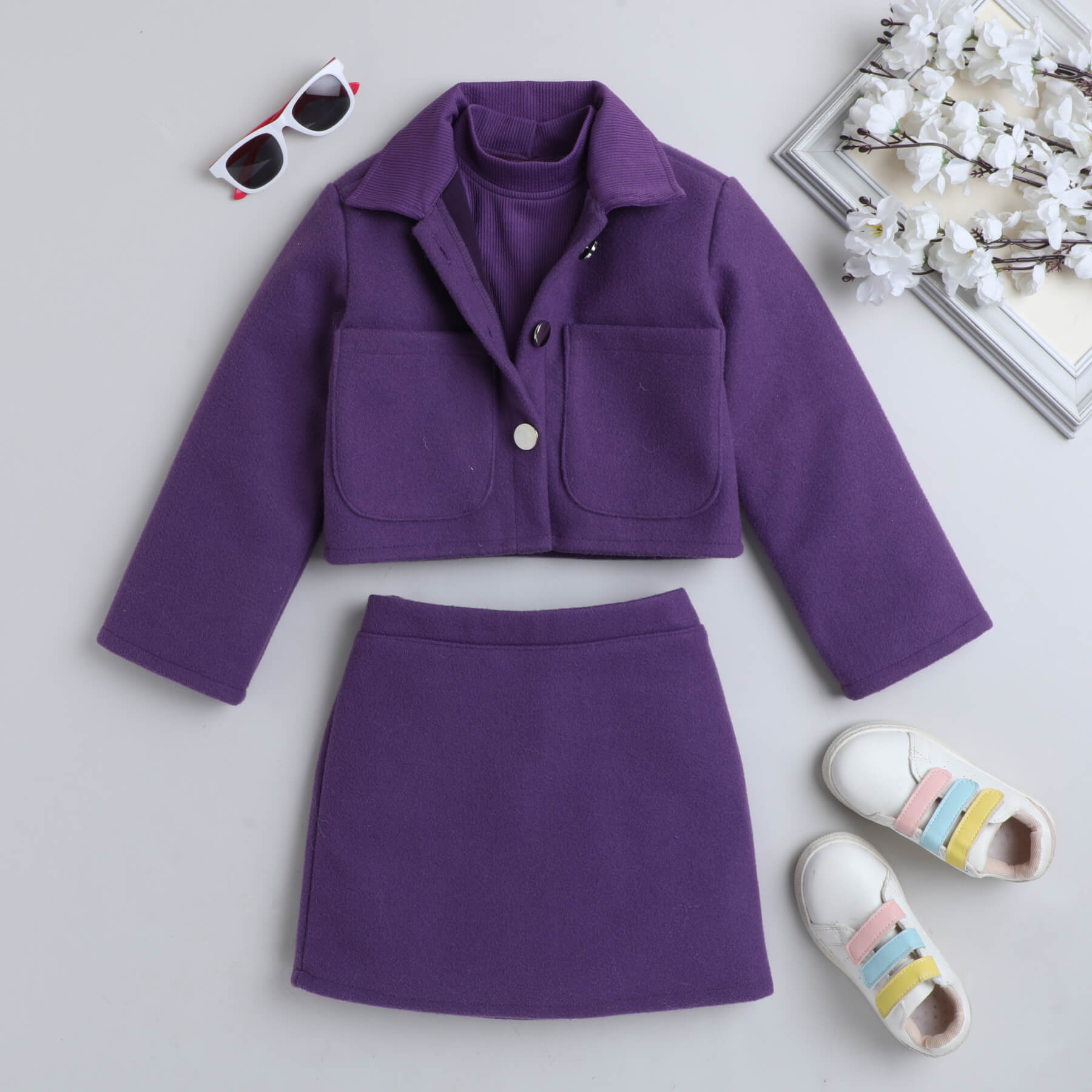 Pocket detail over sized jacket with matching skirt and sleeveless crop top set-Purple