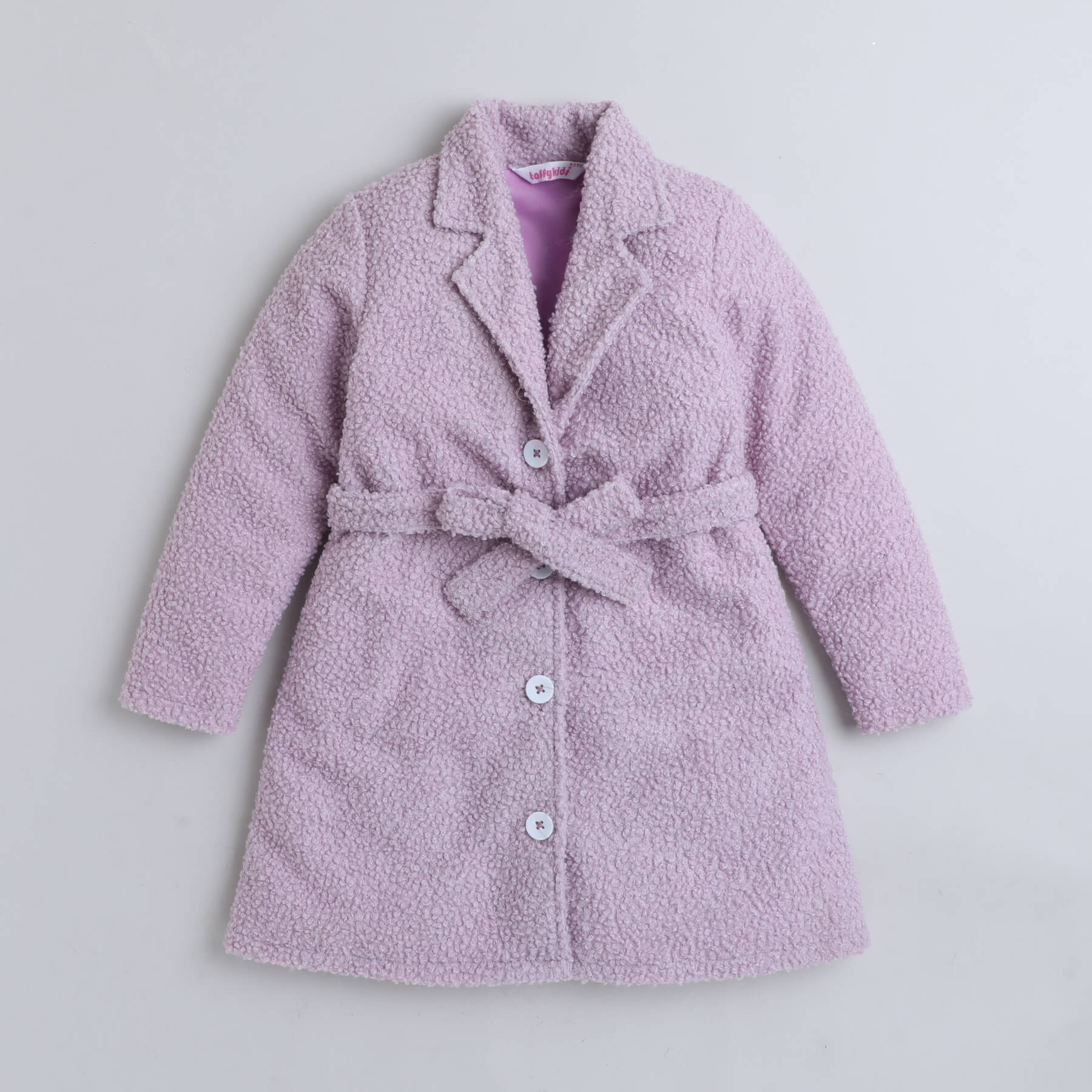 Textured full sleeves collared jacket with tie-up belt-Lilac